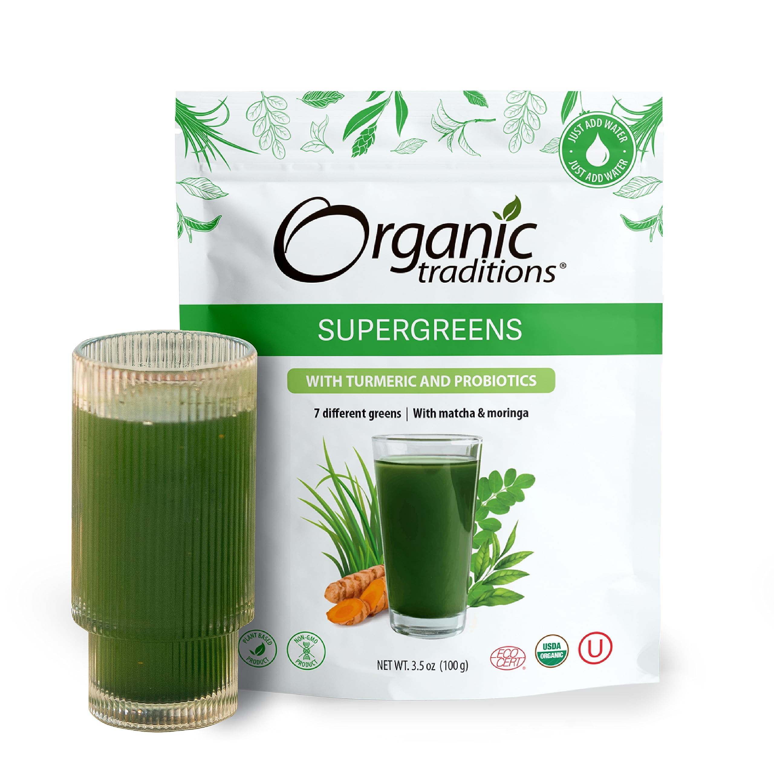 Organic Traditions Super Greens Powder with Turmeric - USDA Organic Superfood Blend for Detox & Energy (100g/3.5oz) | Perfect for Smoothies, Juices & Daily Wellness Routine