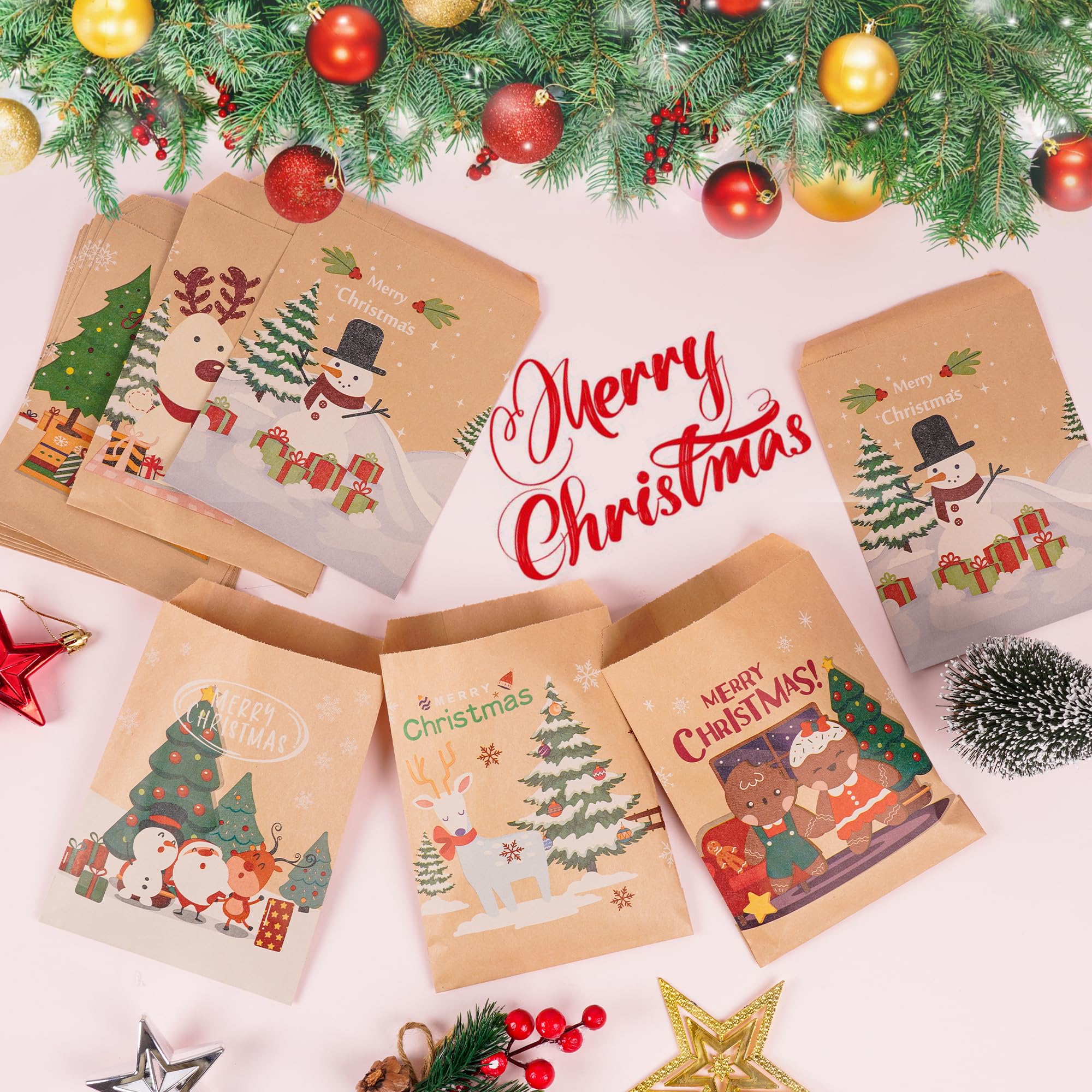 Kolewo4ever 240-Piece Christmas Kraft Treat Bags - Holiday Gift Bags with Xmas Tree, Santa & Elk Prints - Red & Green Candy Buffet Paper Bags for Christmas Snacks & Goodies (6 Styles) - Perfect for Holiday Parties, Gift Wrapping & Candy Buffets