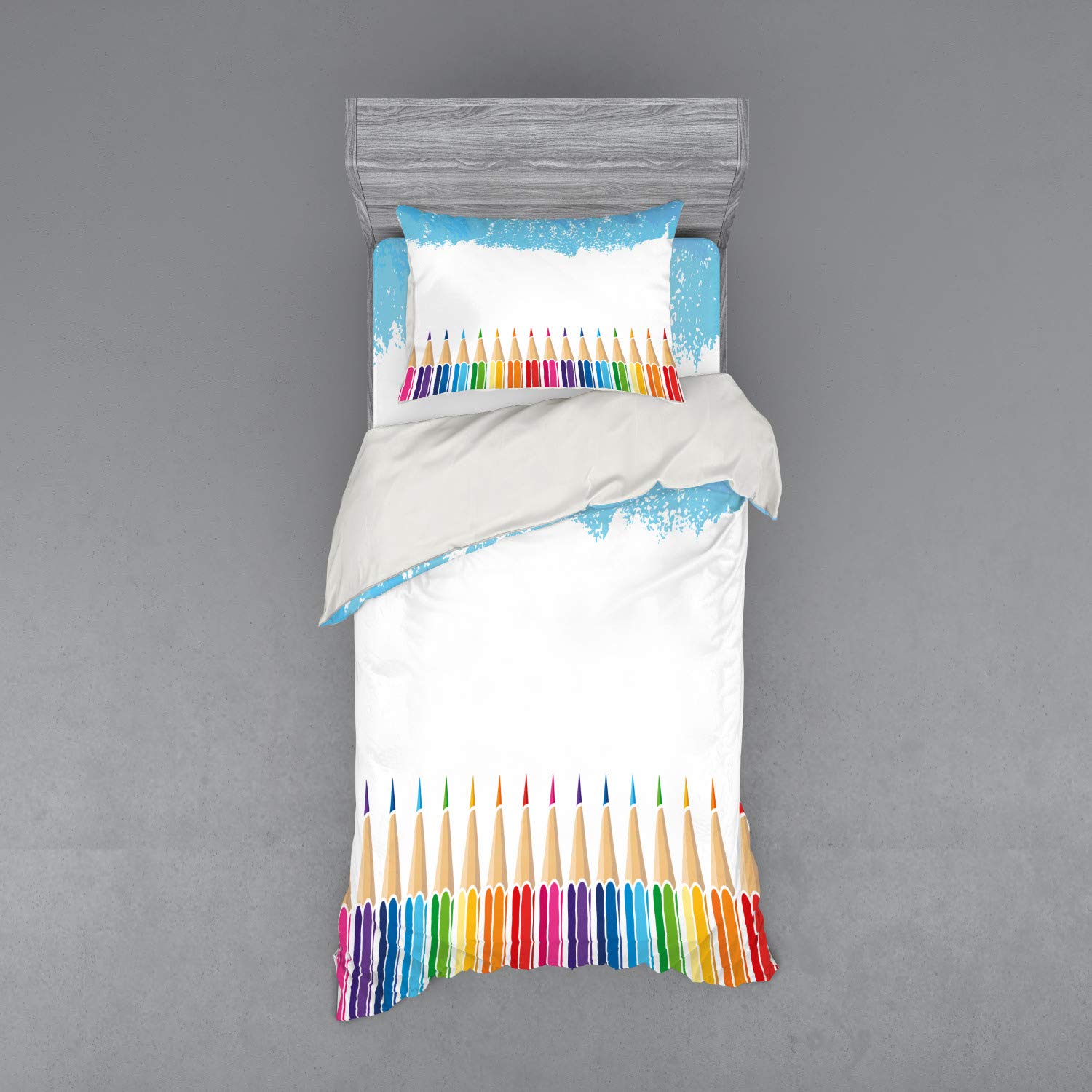 Ambesonne Rainbow Duvet Cover Set - Dry Paint Technique Pencil Strokes Design, 3-Piece Twin Size Bedding Set with Sham & Fitted Sheet, Vibrant Multicolor - Perfect for Kids' Rooms, Guest Bedrooms & Bohemian Home Decor