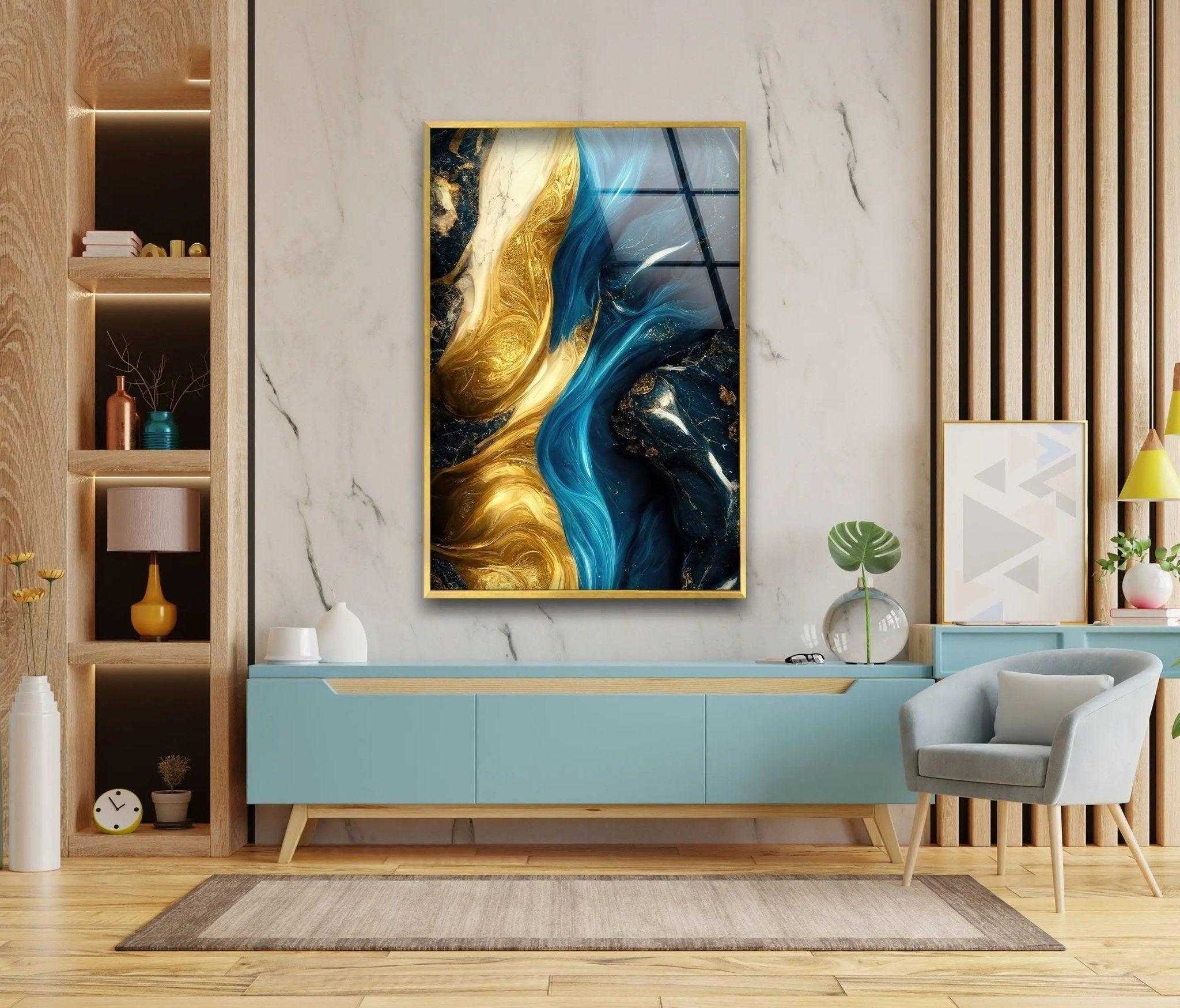 Abstract Marble Blue and Gold Glass Wall Art - Modern Home Decor for Living Room, Bedroom & Office - Elegant Handmade Glass Panel for Wall Display