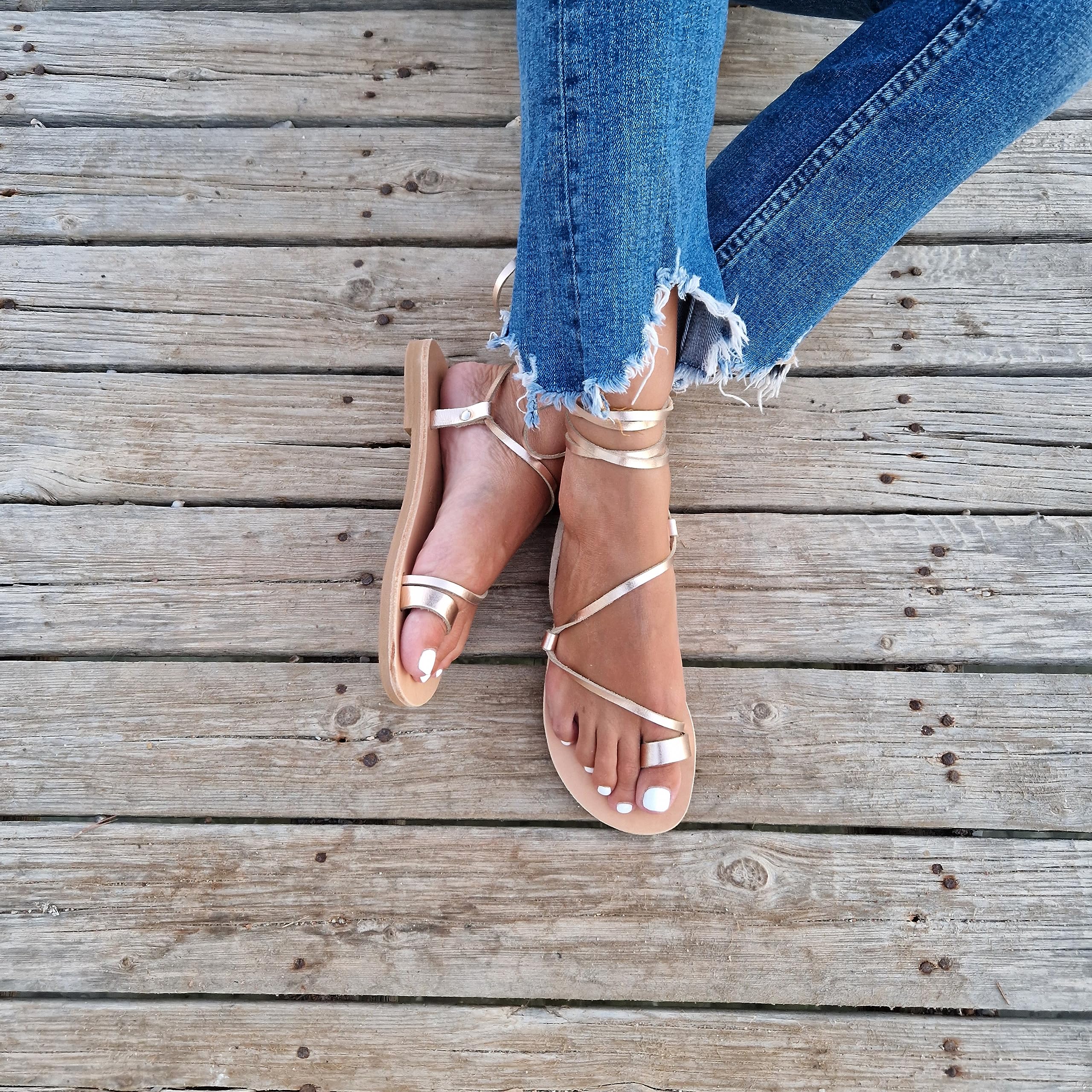 Women's Beige Leather Gladiator Sandals with Toe Ring - Comfortable Lace-Up Greek Style Flip Flops for Beach, Summer & Casual Wear (Size 40)