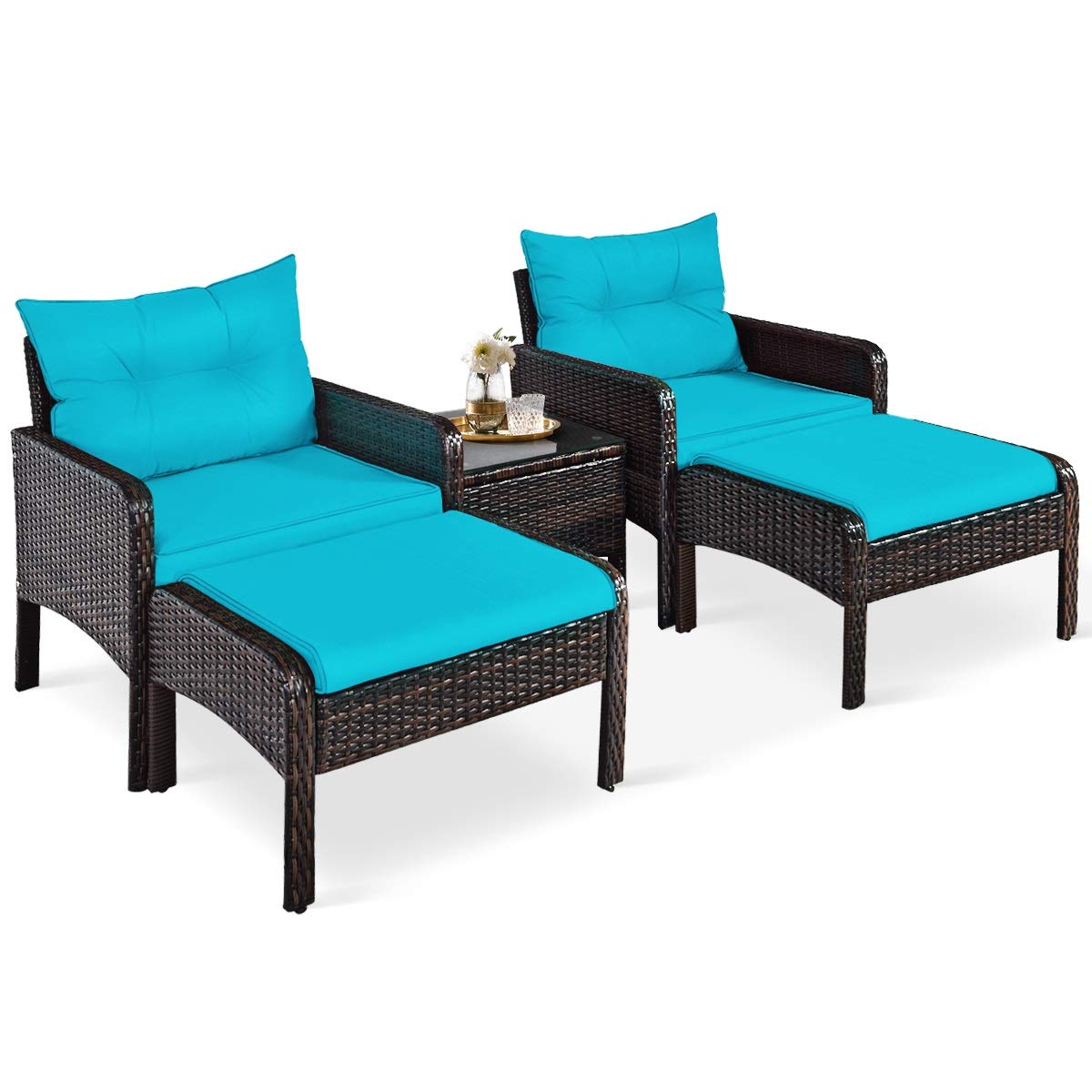 **HAPPYGRILL 5-Piece Outdoor Patio Furniture Set - Rattan Wicker Conversation Set with Coffee Table, Cushioned Sofas & Ottoman - Perfect for Garden, Backyard & Poolside Relaxation**