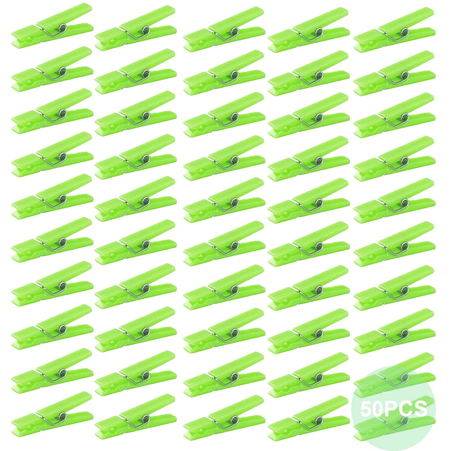 50 Pack Small Clear Plastic Clothespins - 1.4 x 0.25 Inch Mini Clips for Clothesline, Photos, DIY Crafts, Baby Showers & Party Decorations (Green) - Perfect for Hanging Laundry, Displaying Pictures, and Craft Projects