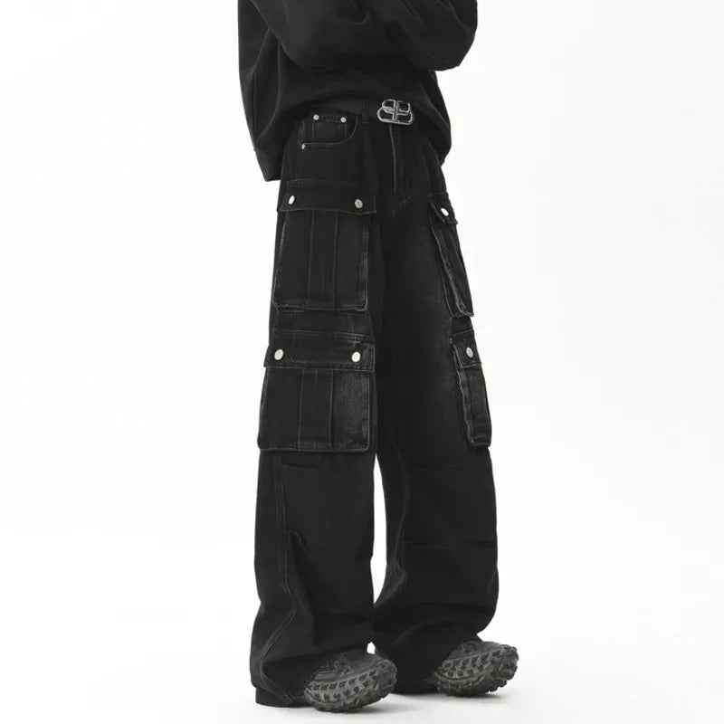 American Style Men's Black Denim Pants - High Street Multi-Pocket Workwear, Loose Straight Leg Trendy Jeans (9C9262) | Perfect for Casual Wear, Work & Street Fashion