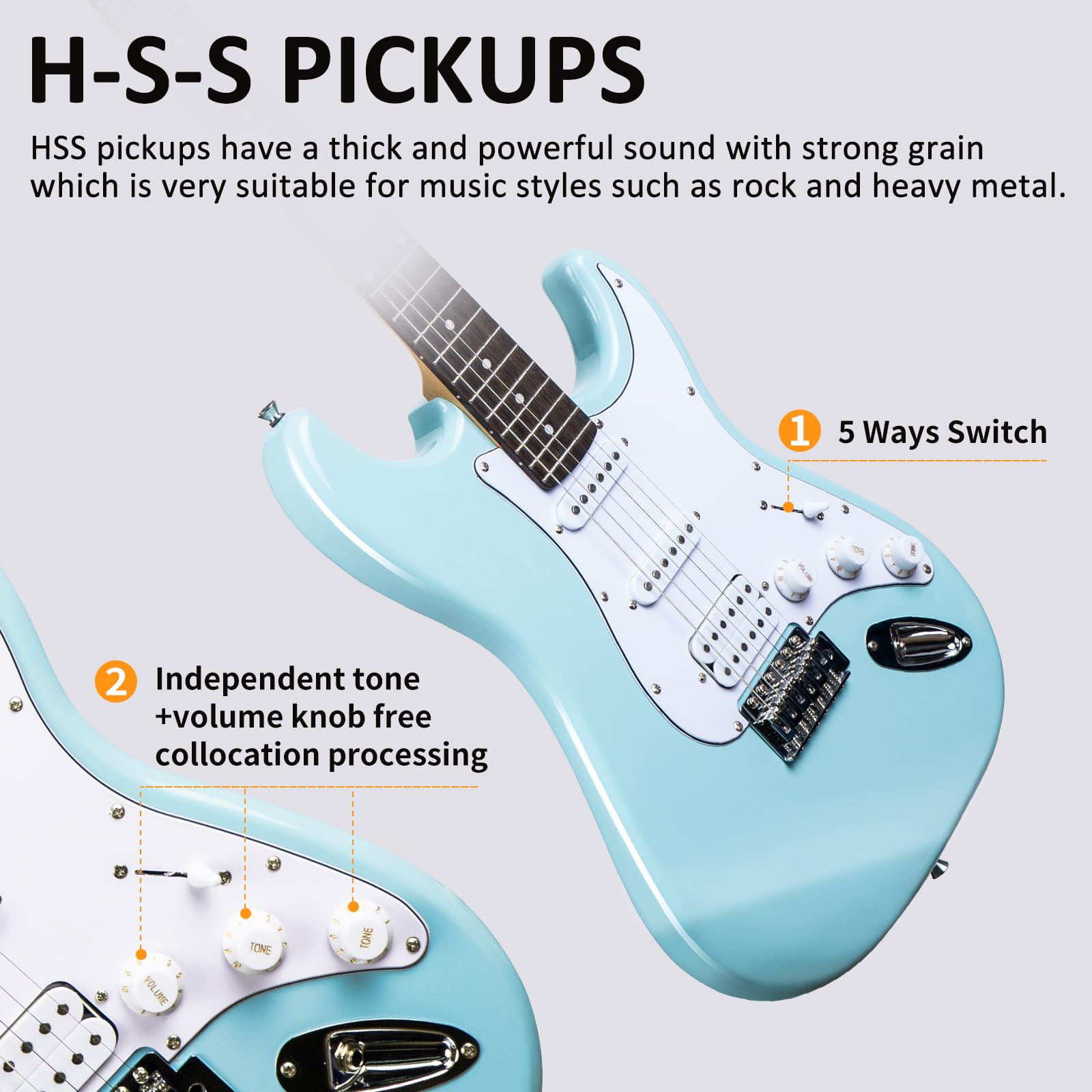 AODSK 39 Inch Full Size Electric Guitar Starter Kit with Amp, HSS Pickups, Digital Tuner, Tremolo Bar, Strap & Gig Bag - Perfect for Beginners, Practice & Live Performances (Blue)