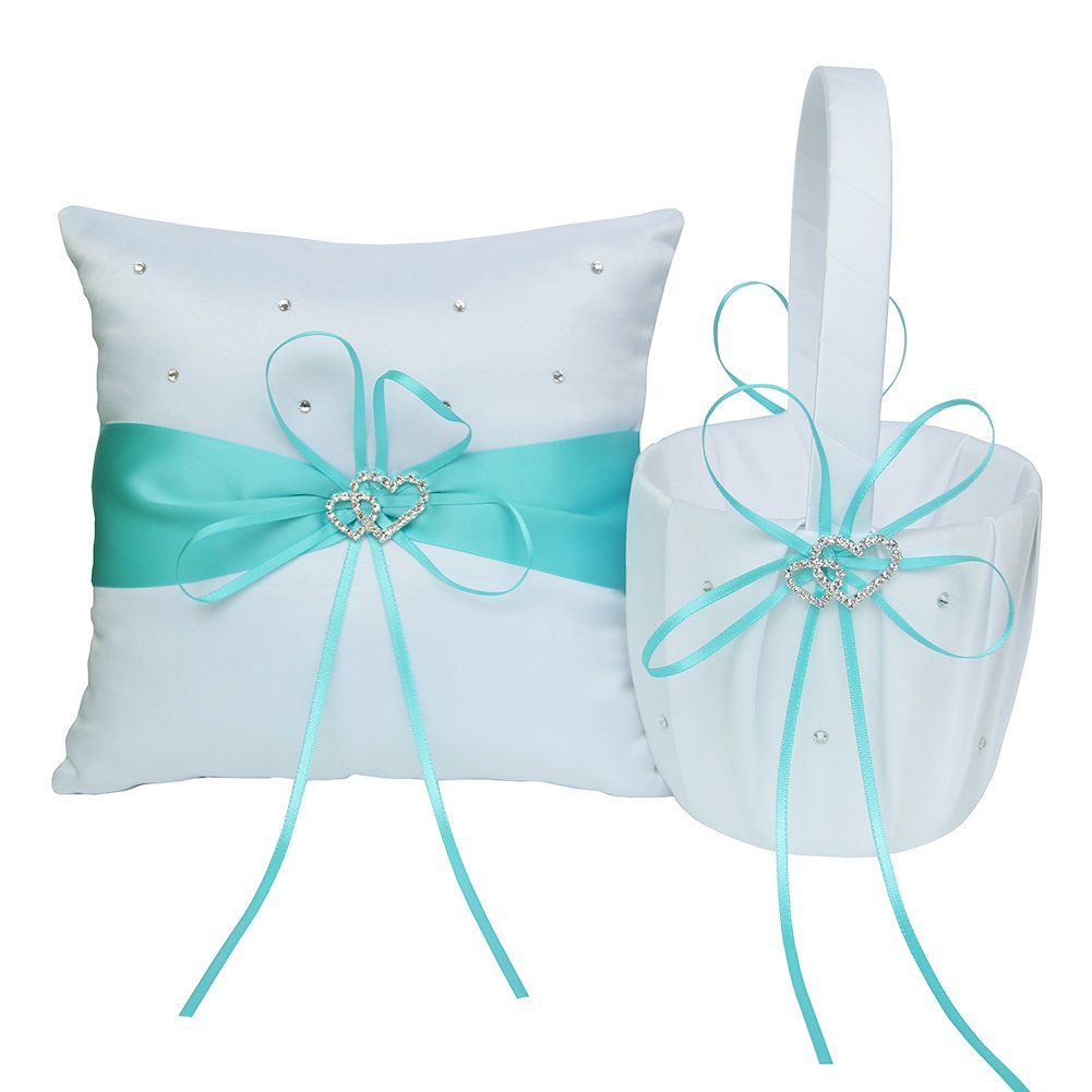 5x8.5 inch Flower Girl Basket & 7.8x7.8 inch Ring Pillow Set with Satin Ribbon & Rhinestone Hearts - Aqua Blue Wedding Accessories for Rustic Ceremonies, Bridal Showers & Special Occasions