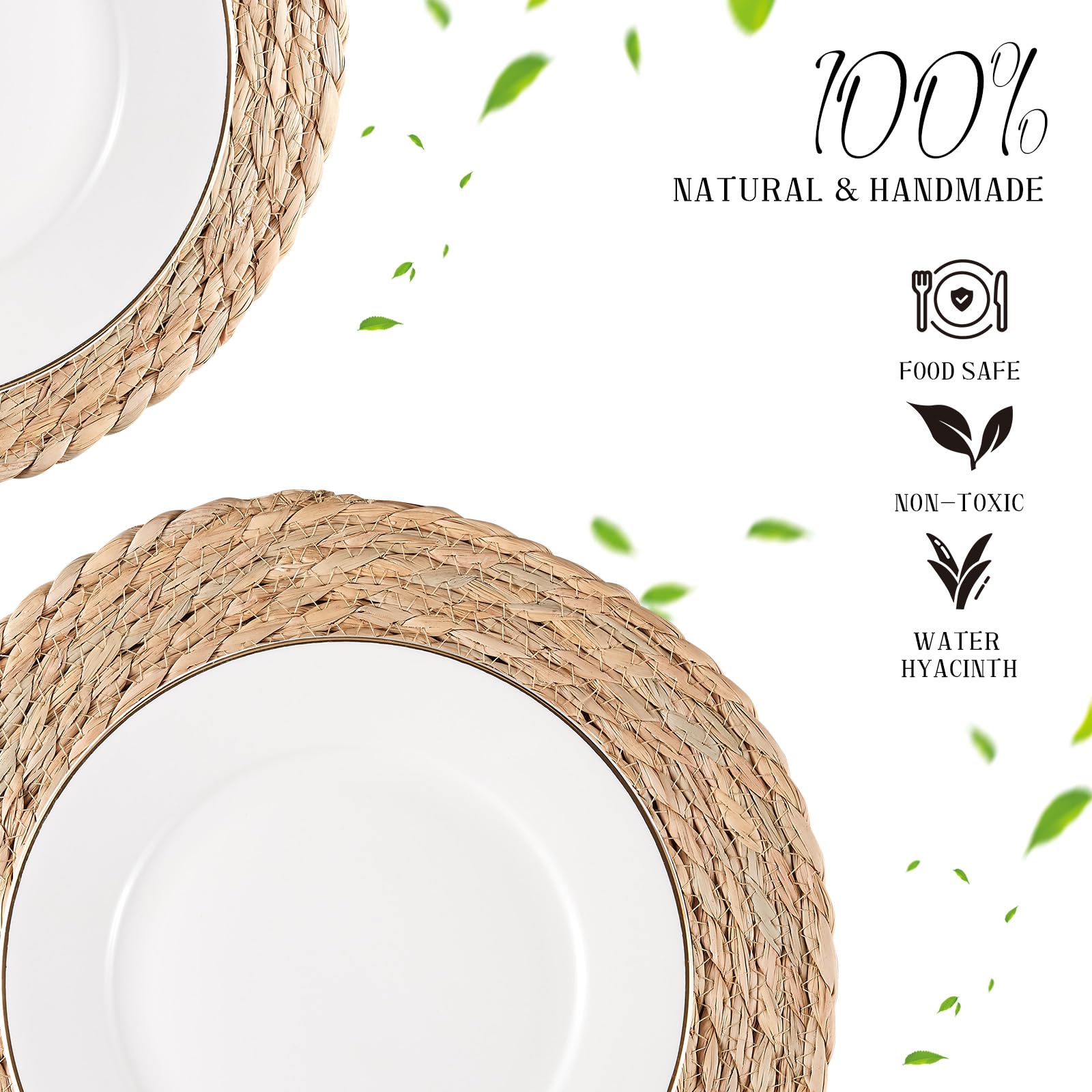 Round Woven Placemats Set of 6 - Natural Water Hyacinth & Rattan Placemats - 12 Inch Heat Resistant Wicker Placemats for Farmhouse, Boho, Outdoor, Patio Dining - Perfect for Indoor & Outdoor Tables, Dinner Parties, and Decorative Home Accents