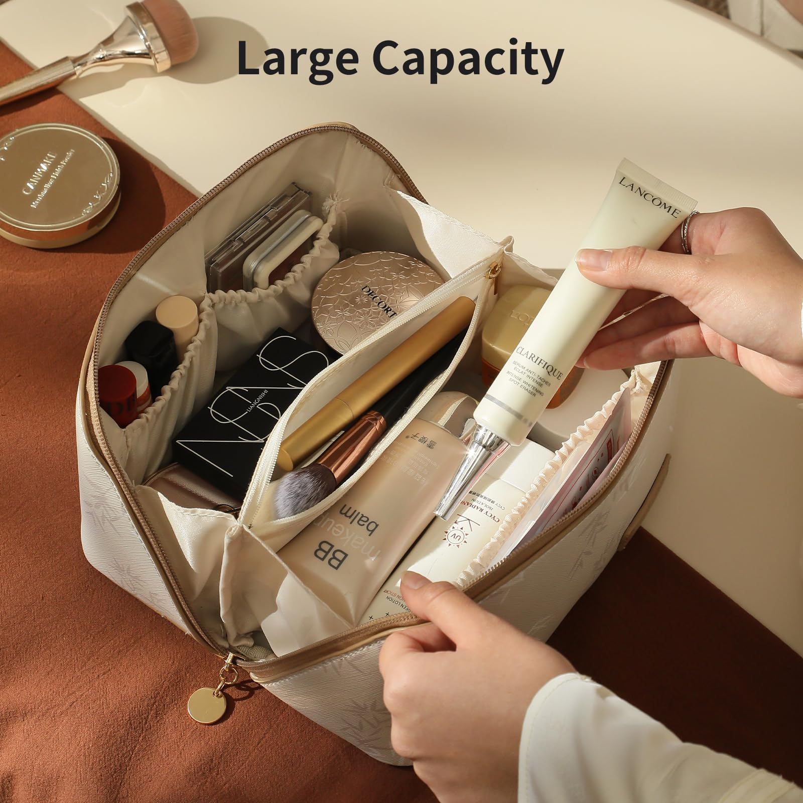 RIGHT AWAY Travel Makeup Bag - Large Capacity Cosmetic Organizer for Women | Waterproof PU Leather Makeup Case with Clear Divider & Handle | Perfect for Travel, Gym & Daily Use (White)
