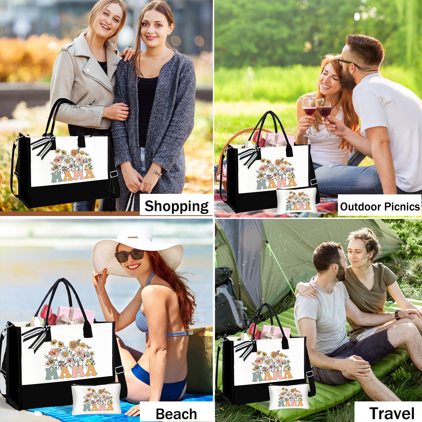 Stylish Floral Canvas Tote Bag with Matching Makeup Pouch Set - Perfect Birthday, Christmas & Mother's Day Gift for Mom, Bride or New Mom - Great for Shopping, Travel & Daily Use