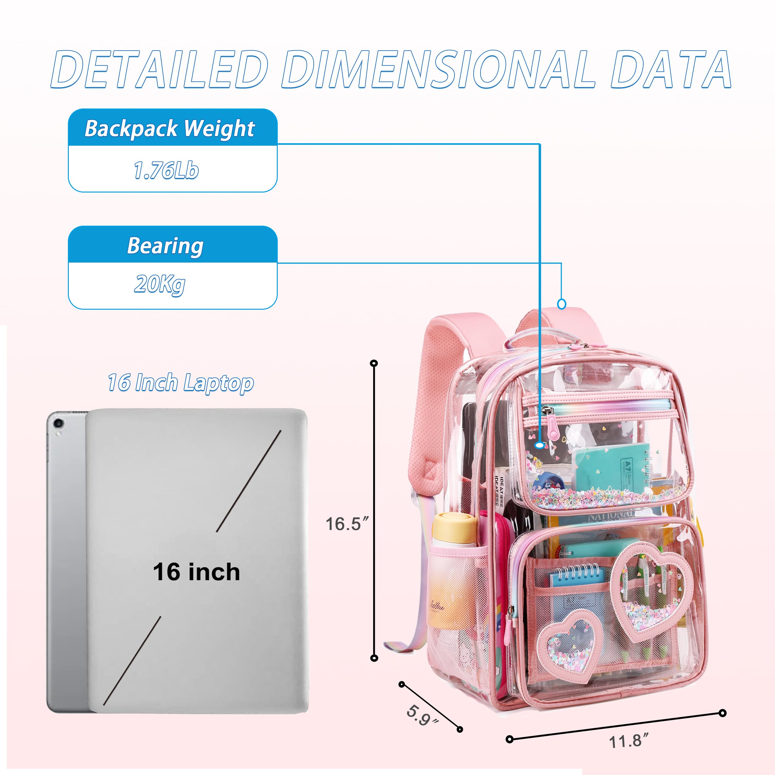 Caoroky Knight Clear Stadium Backpack - Heavy Duty TPU Transparent Bookbag for Women, Girls & Kids - Perfect for School, Travel, Sports Events & Concerts (Pink)