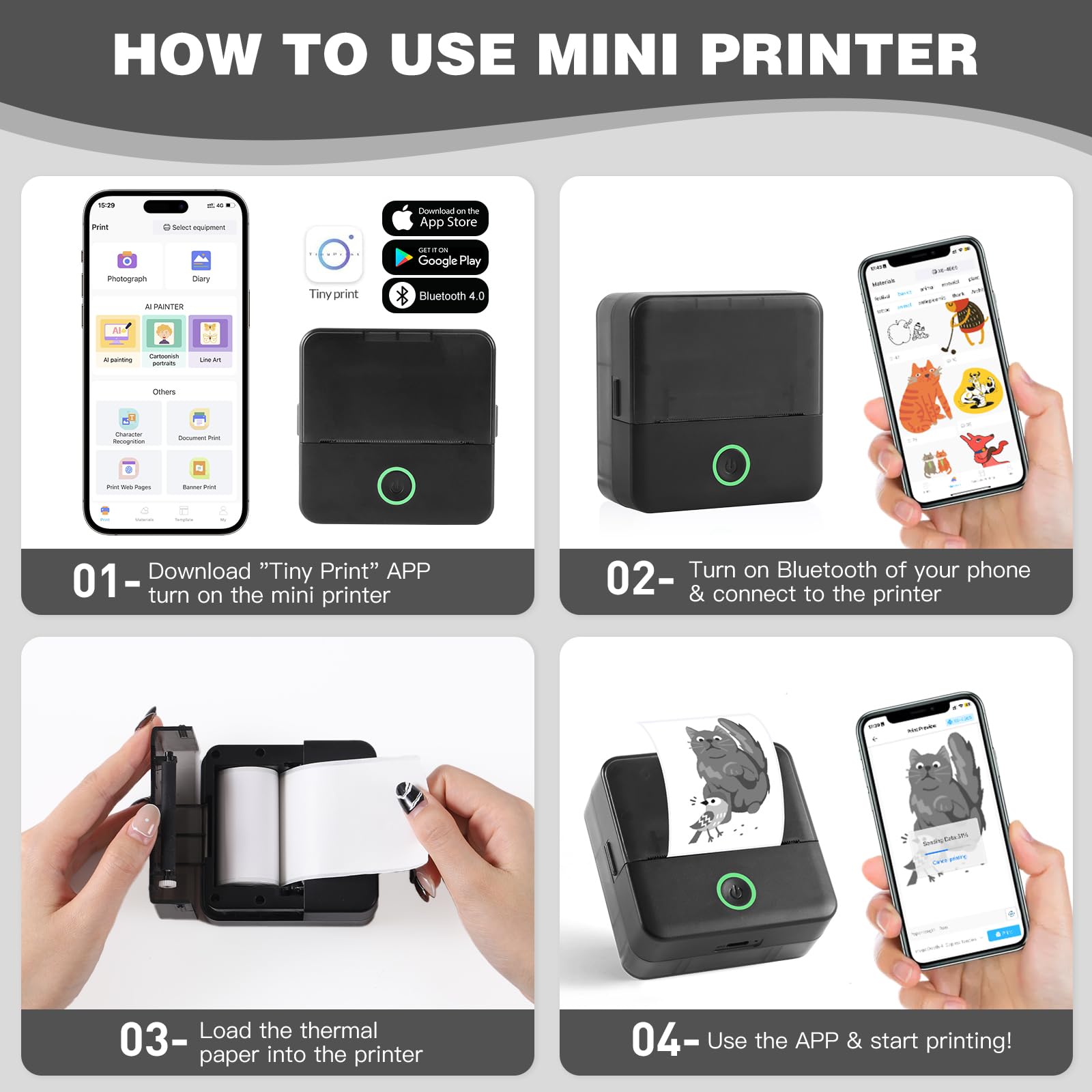 Print Pods Mini Printer - Portable Thermal Inkless Sticker Maker with 10 Rolls Paper for iPhone & Android | Perfect for Notes, Flashcards, Journaling, DIY Crafts, and School Projects | Wireless Pocket Printer for Instant Printing on the Go