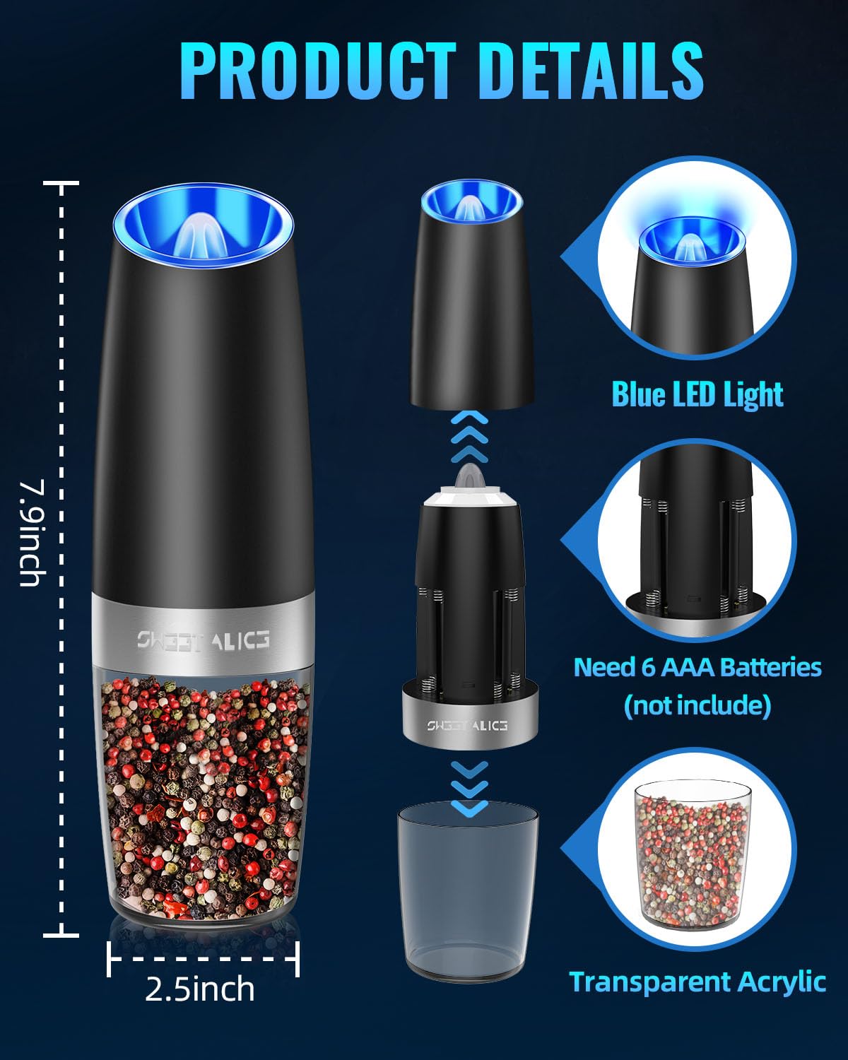 Sweet Alice Gravity Electric Pepper and Salt Grinder Set - Adjustable Coarseness, Battery Powered with LED Light, One-Hand Automatic Operation, Stainless Steel Mill (Black) - Perfect for Kitchen, Dining Table, and Outdoor Cooking