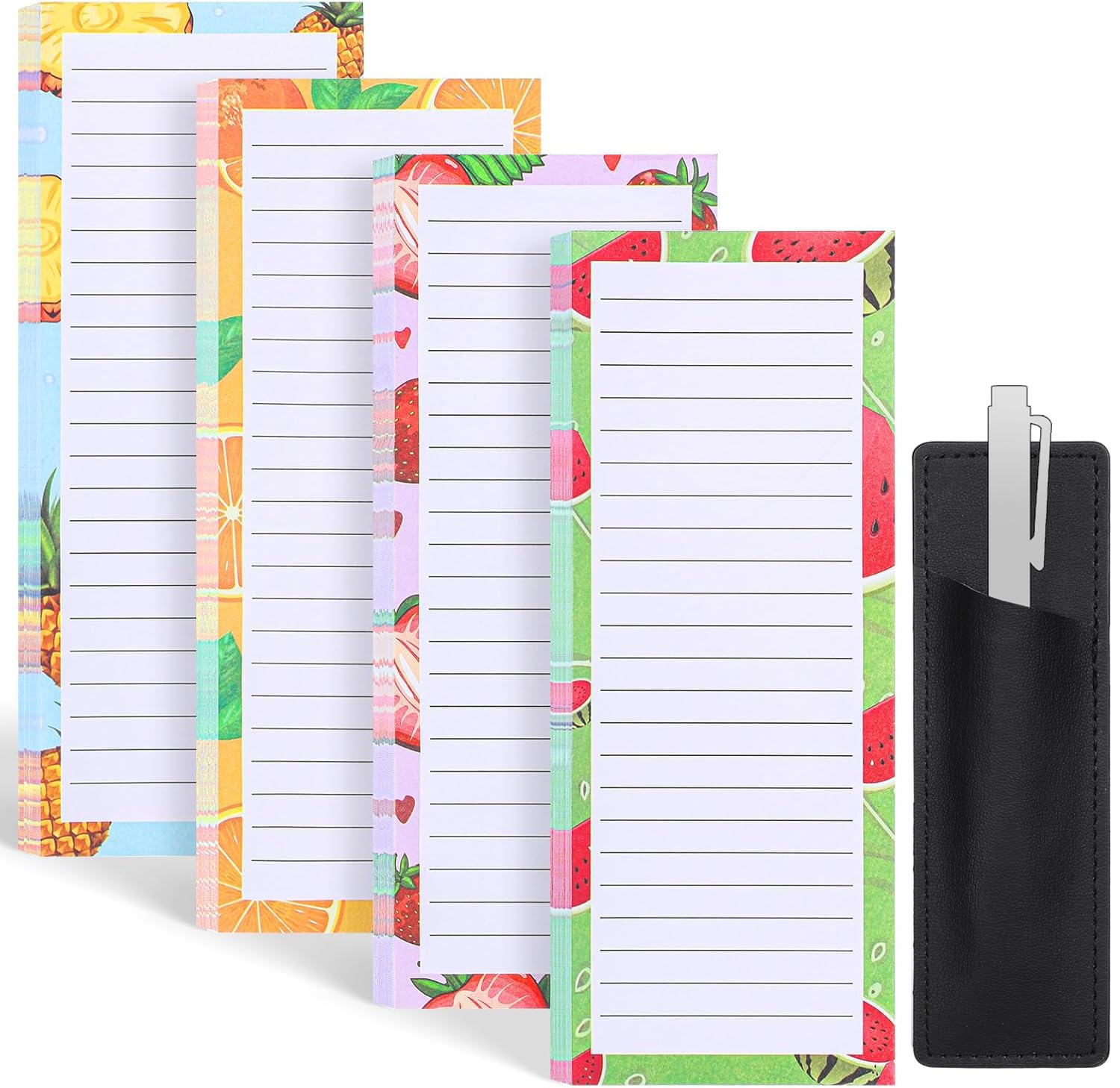 4 Pack Magnetic Notepad for Refrigerator with Pen Holder - 200 Sheets Grocery Shopping List Memo Pad, Fruit Design - Perfect for Kitchen Organization & Fridge Reminders