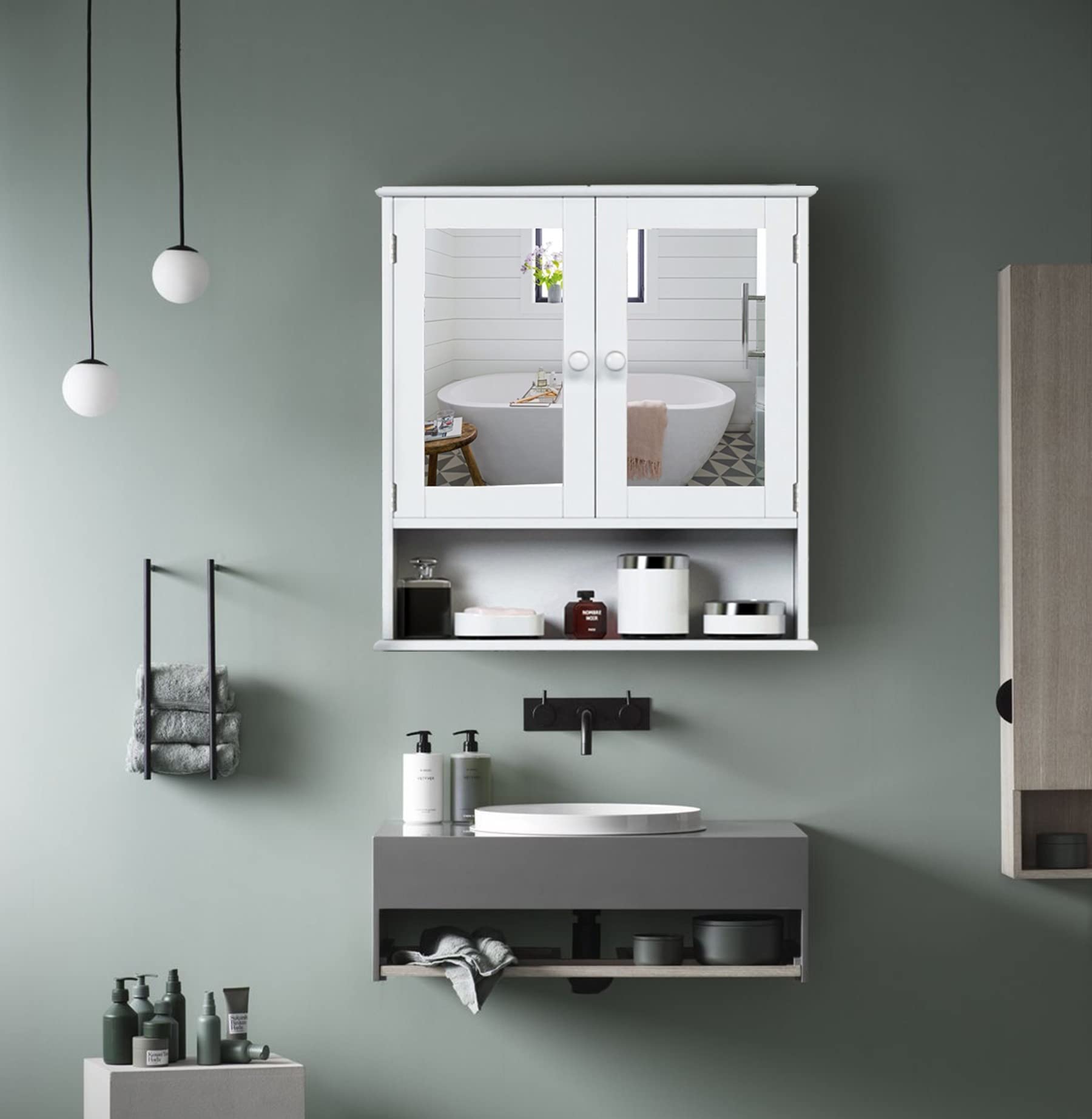 White Wooden Wall Cabinet with Double Mirror Doors - Adjustable Shelf Bathroom Medicine Cabinet for Storage, Laundry Room & Kitchen - Perfect for Organizing Toiletries, Cleaning Supplies & Kitchen Essentials