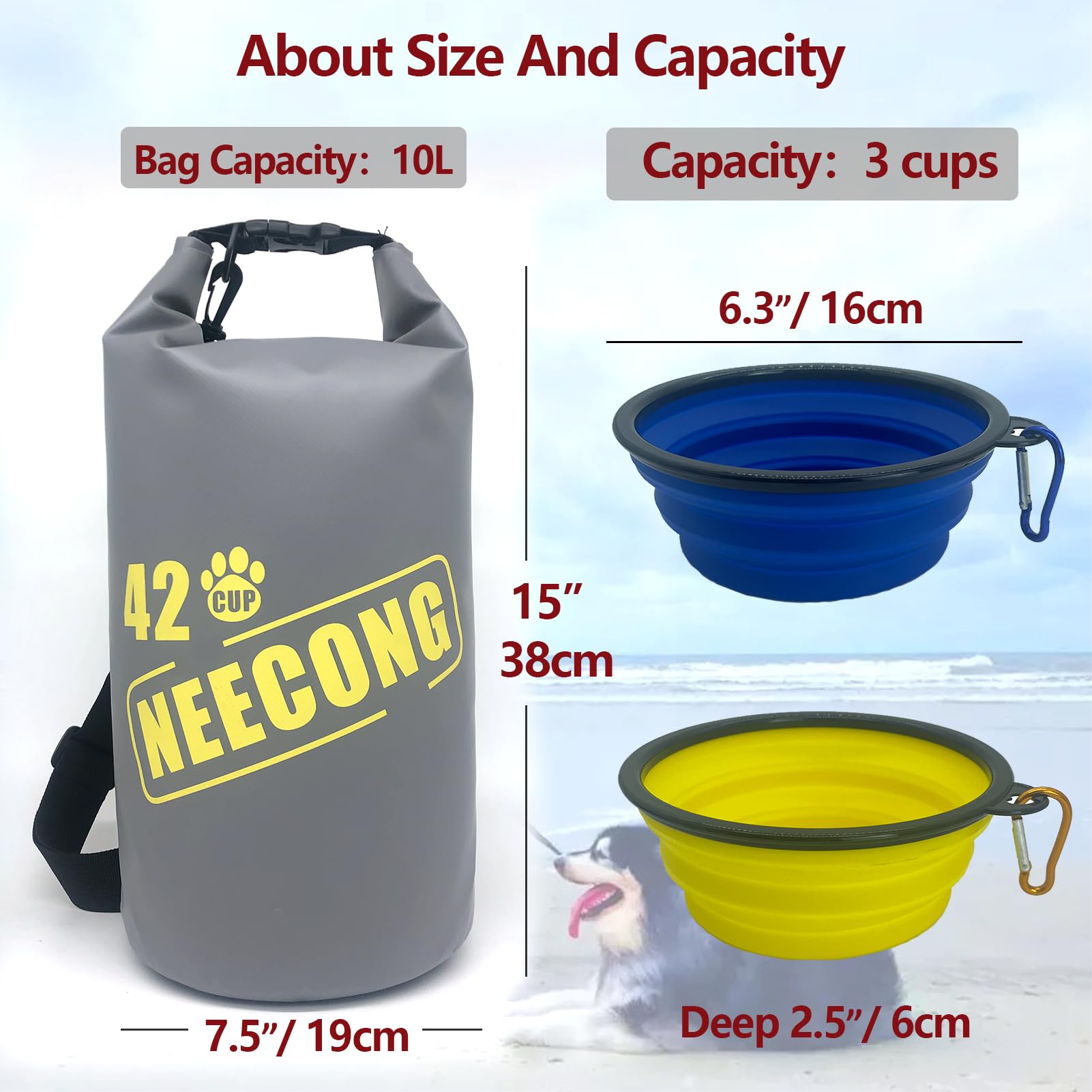 Collapsible Dog Travel Food Bag with 800ml Bowls - 10L Dry Food Storage System for Camping, Hiking & Daily Use - Portable Pet Food Container for Dogs - Yellow-Gray Waterproof Design