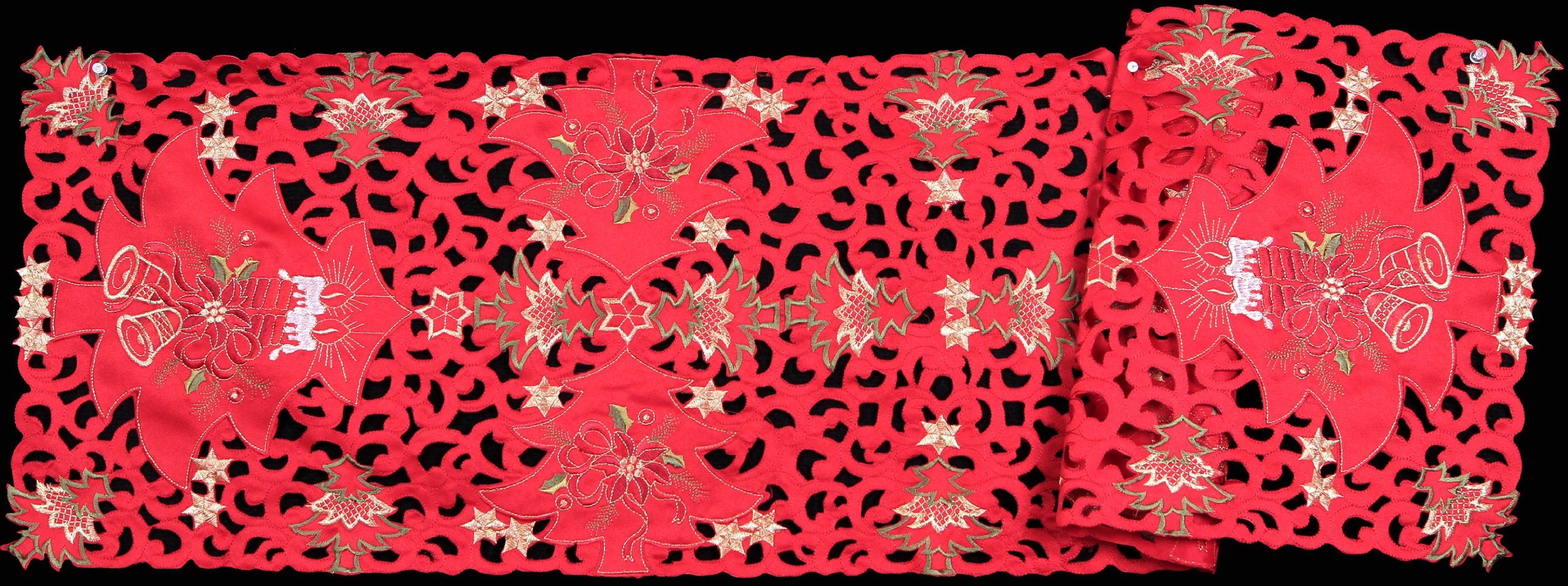 Christmas Table Runner 15x53 Inch - Embroidered Red Poinsettia & Gold Bell Design - Holiday Candle Table Decor - Perfect for Dining Tables, Buffets, and Fireplace Mantels