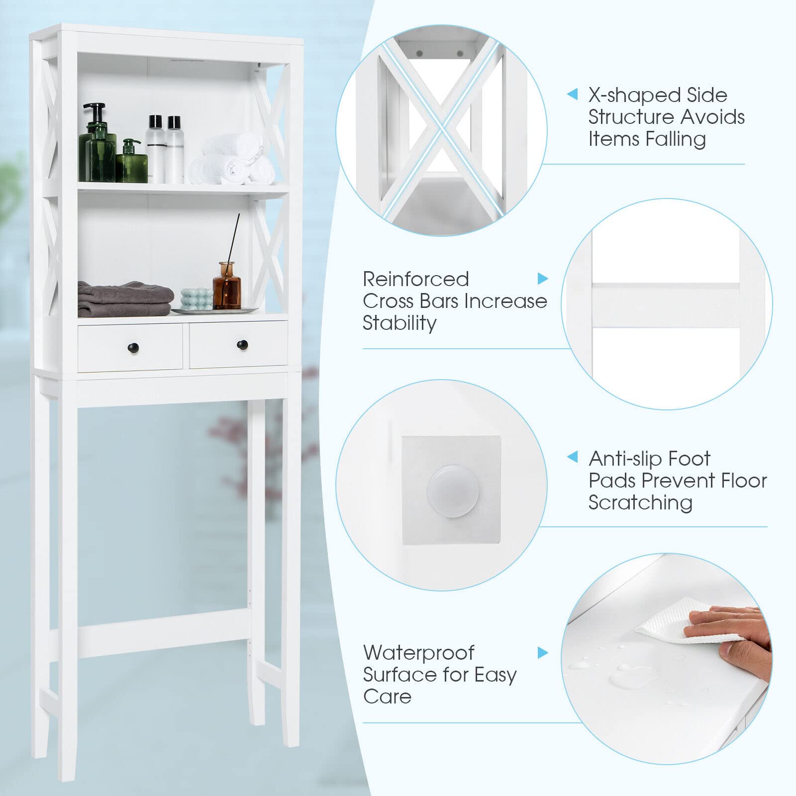 Over The Toilet Storage Rack - Freestanding Wooden Bathroom Organizer with 2 Drawers & Open Shelves | Space-Saving X-Shaped Frame Toilet Shelf | Perfect for Bathroom, Laundry & Small Space Organization (White)