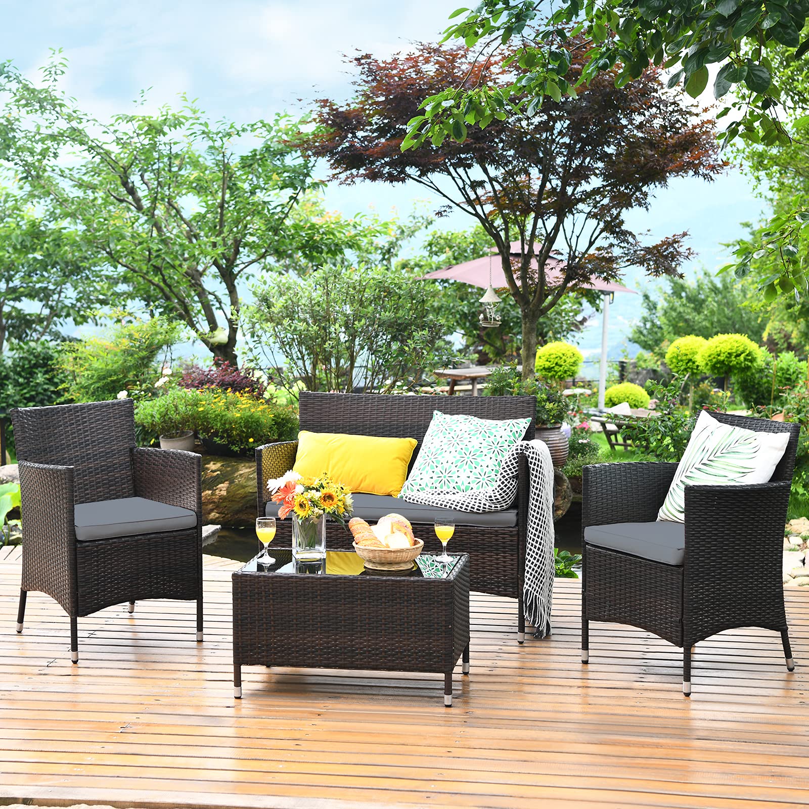 Tangkula 4-Piece Patio Rattan Conversation Set with Tempered Glass Coffee Table & Thick Cushions - Outdoor Wicker Furniture for Garden, Lawn, Poolside & Backyard (Gray) - Perfect for Relaxing, Entertaining & Outdoor Dining