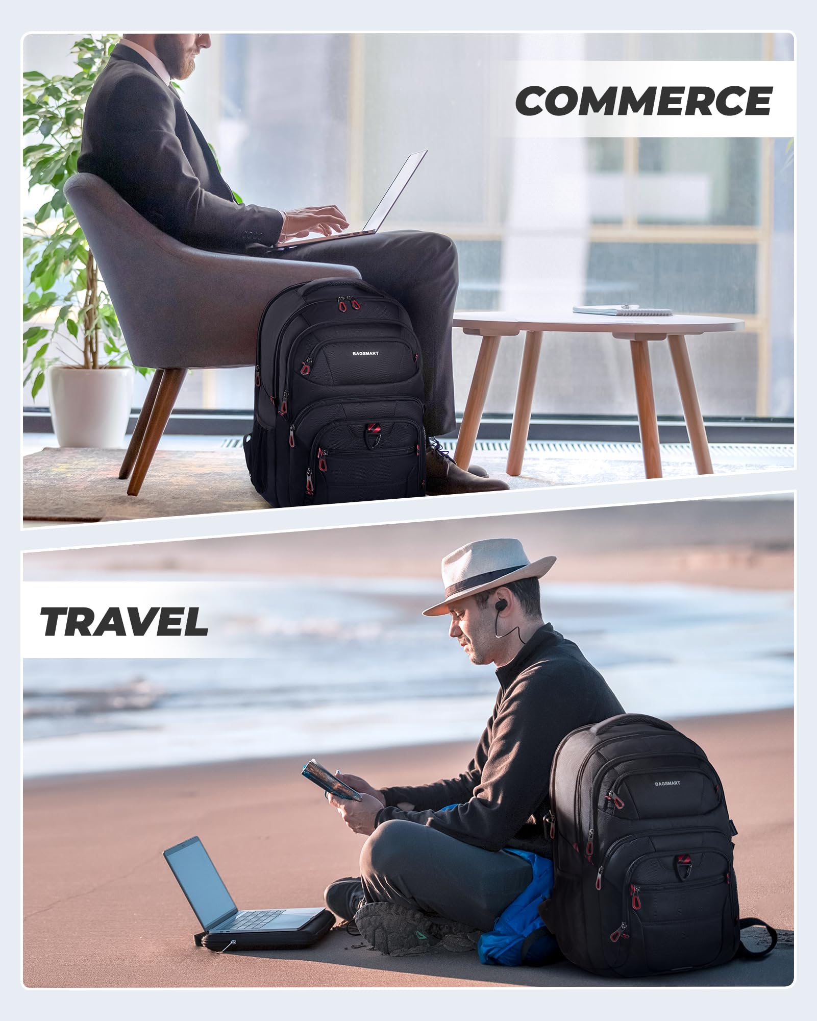 BAGSMART 17.3 Inch Water-Repellent Laptop Backpack for Men & Women - Airline Approved Carry On with USB Charging Port - Perfect for Business Travel, College, Hiking & Weekend Getaways (Black)