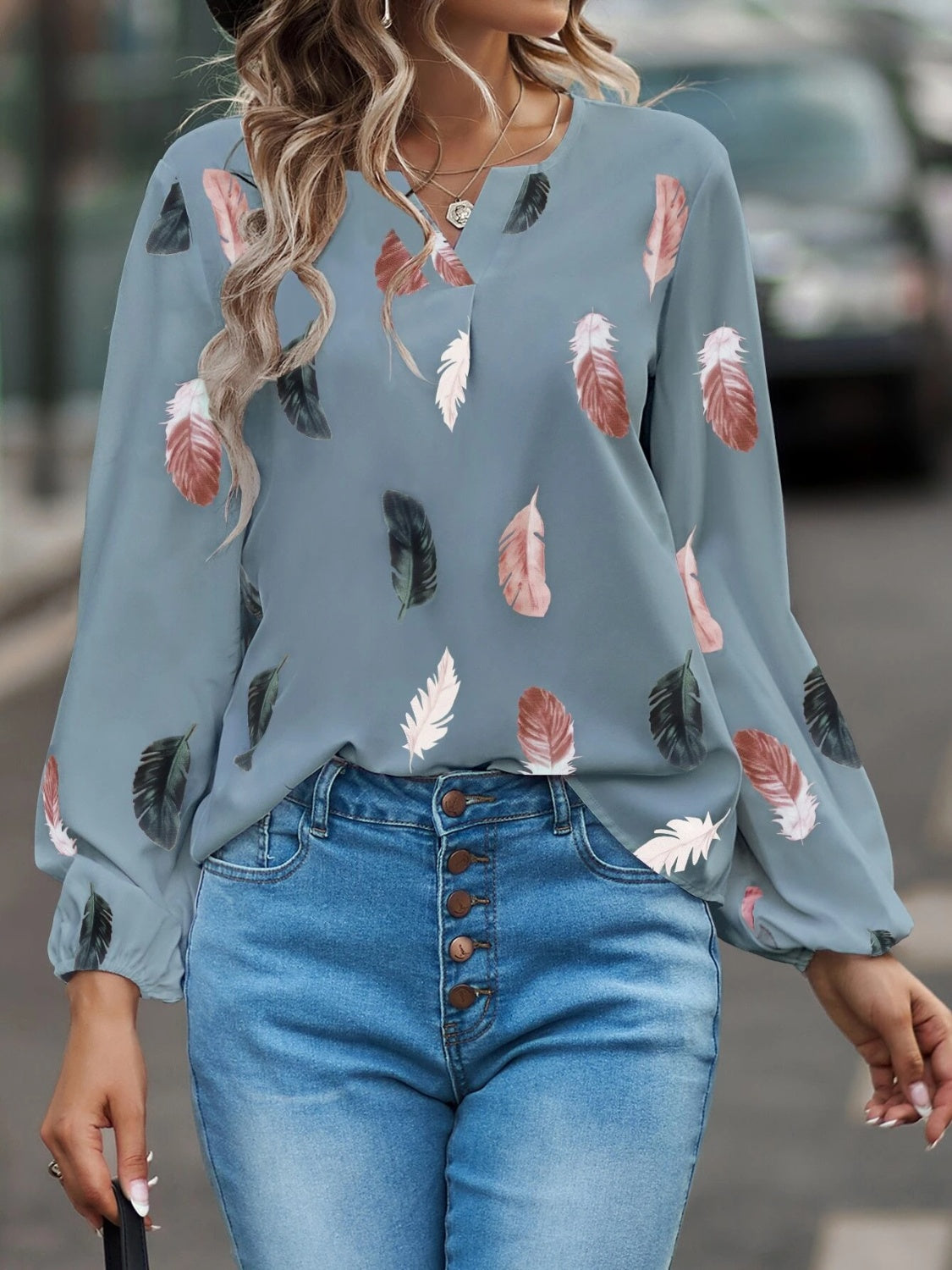 Stylish Feather Print Notched Balloon Sleeve Blouse for Women | Trendy Floral Design Casual & Party Tops | Perfect for Date Night, Office Wear & Summer Outfits
