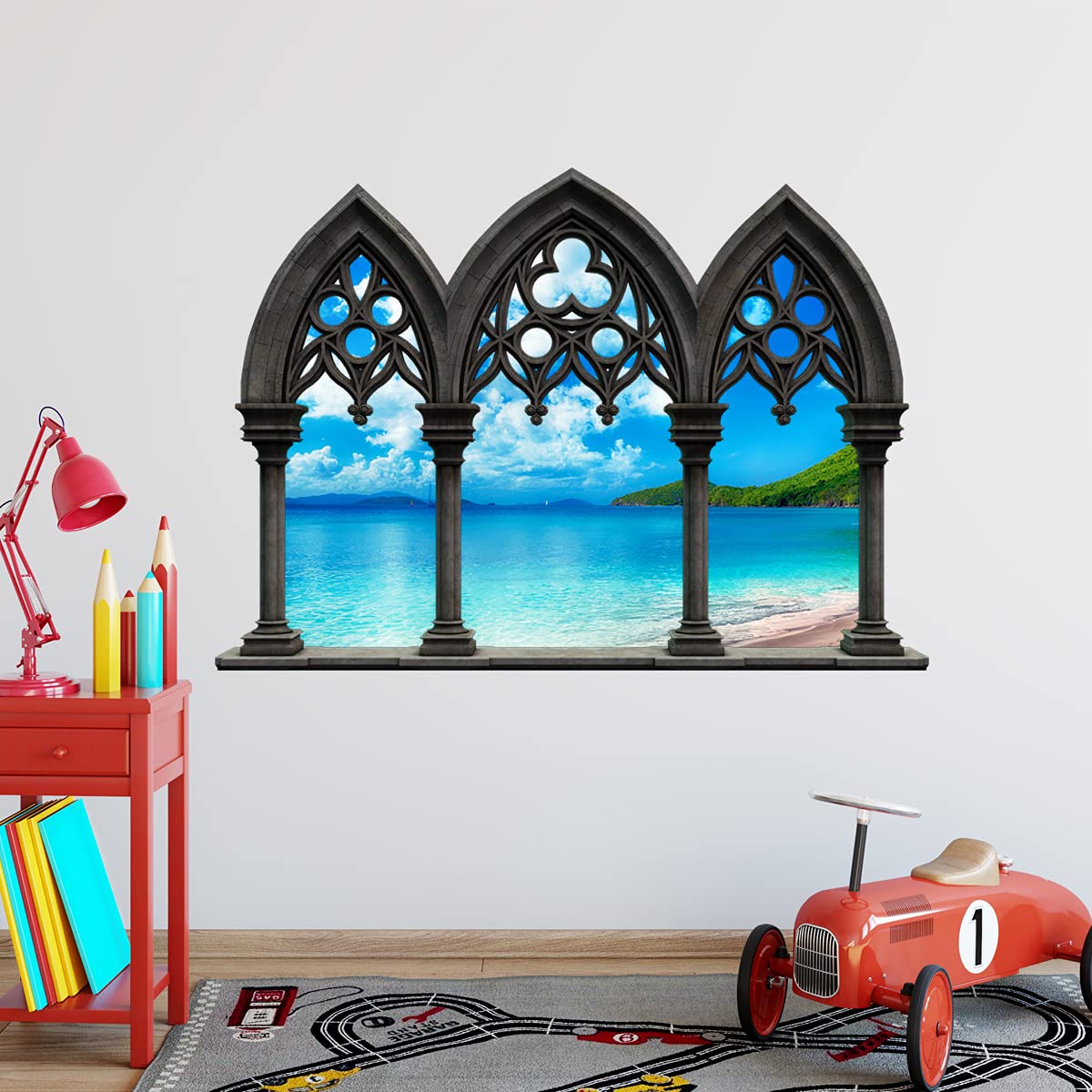 VWAQ Tropical Beach Castle Window Decals - Removable Wall Art Stickers (18