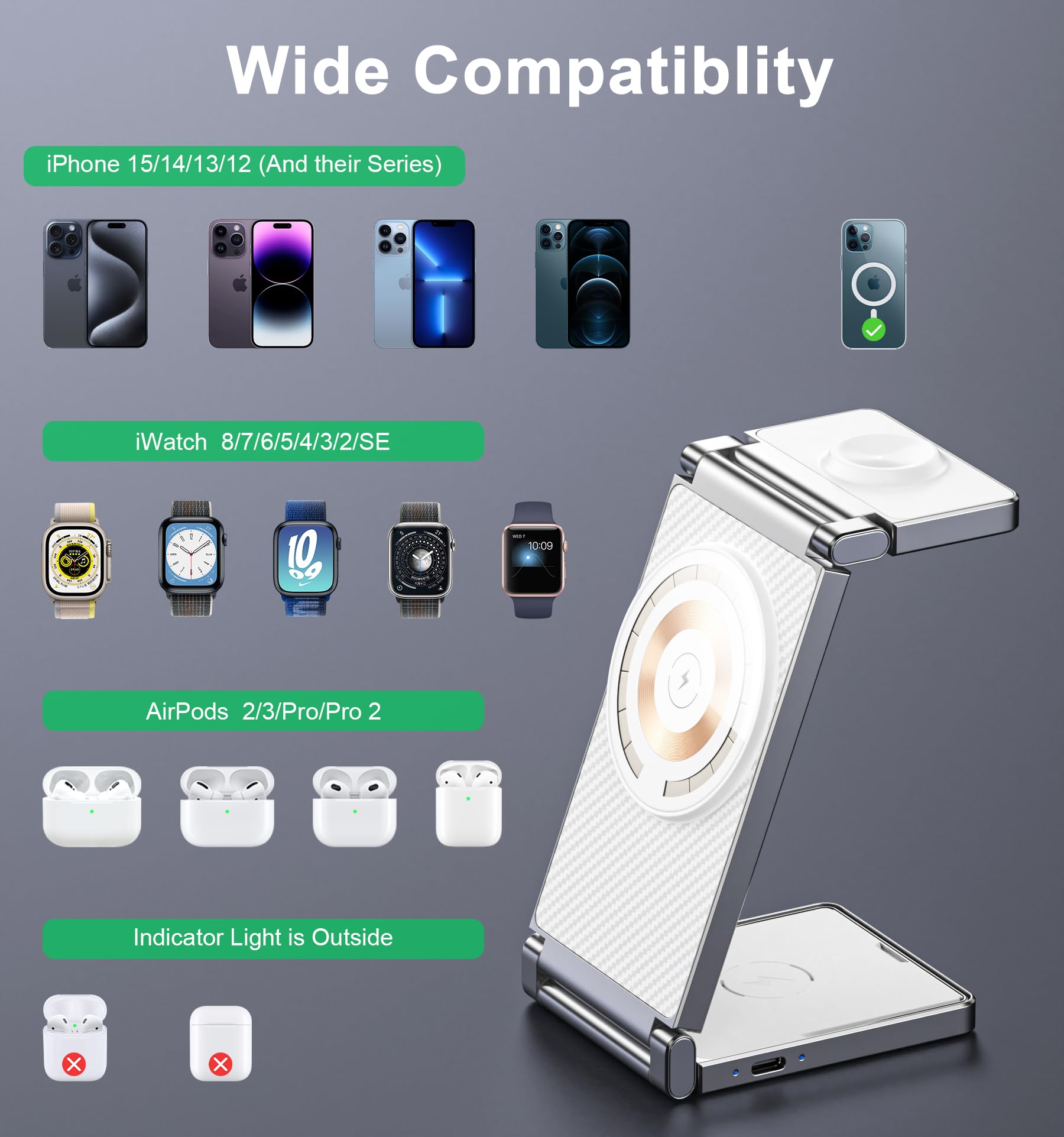 REOKILY 3-in-1 Magnetic Wireless Charging Station - Fast Charging Stand for iPhone 15/14/13/12 Pro/Max/Mini, Apple Watch & AirPods (1/2/3/Pro) | Bedside Nightstand Charger, Office Desk Organizer, Travel Companion