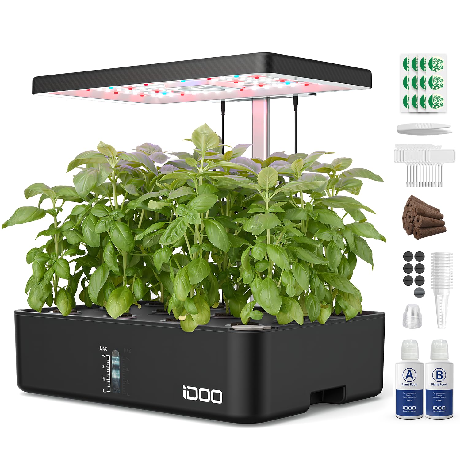 iDOO 12-Pod Hydroponics Growing System Kit with LED Grow Light, Built-in Fan & Auto Timer - Indoor Herb Garden for Kitchen, Home, Office - Adjustable Height up to 11.3