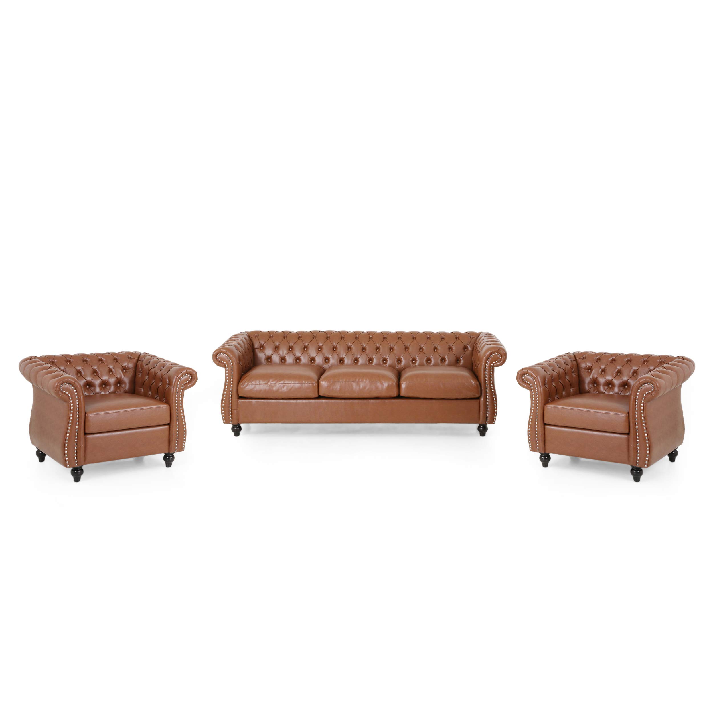 Christopher Knight Home Stephanie Traditional Chesterfield 3-Piece Living Room Set in Cognac & Dark Brown - Perfect for Classic Living Rooms, Offices & Cozy Home Decor