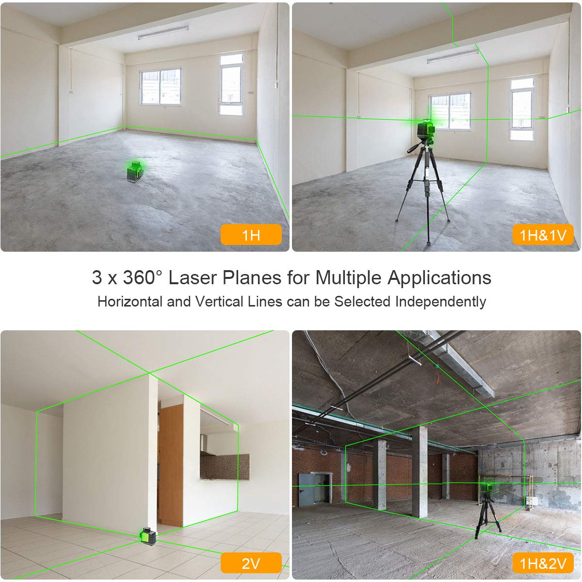 Huepar GF360G 3D Green Beam Self-Leveling Laser Level with 3 x 360° Cross Lines - Two Vertical & One Horizontal Plane Alignment Tool - Magnetic Pivoting Base for Construction, Tiling, and DIY Projects