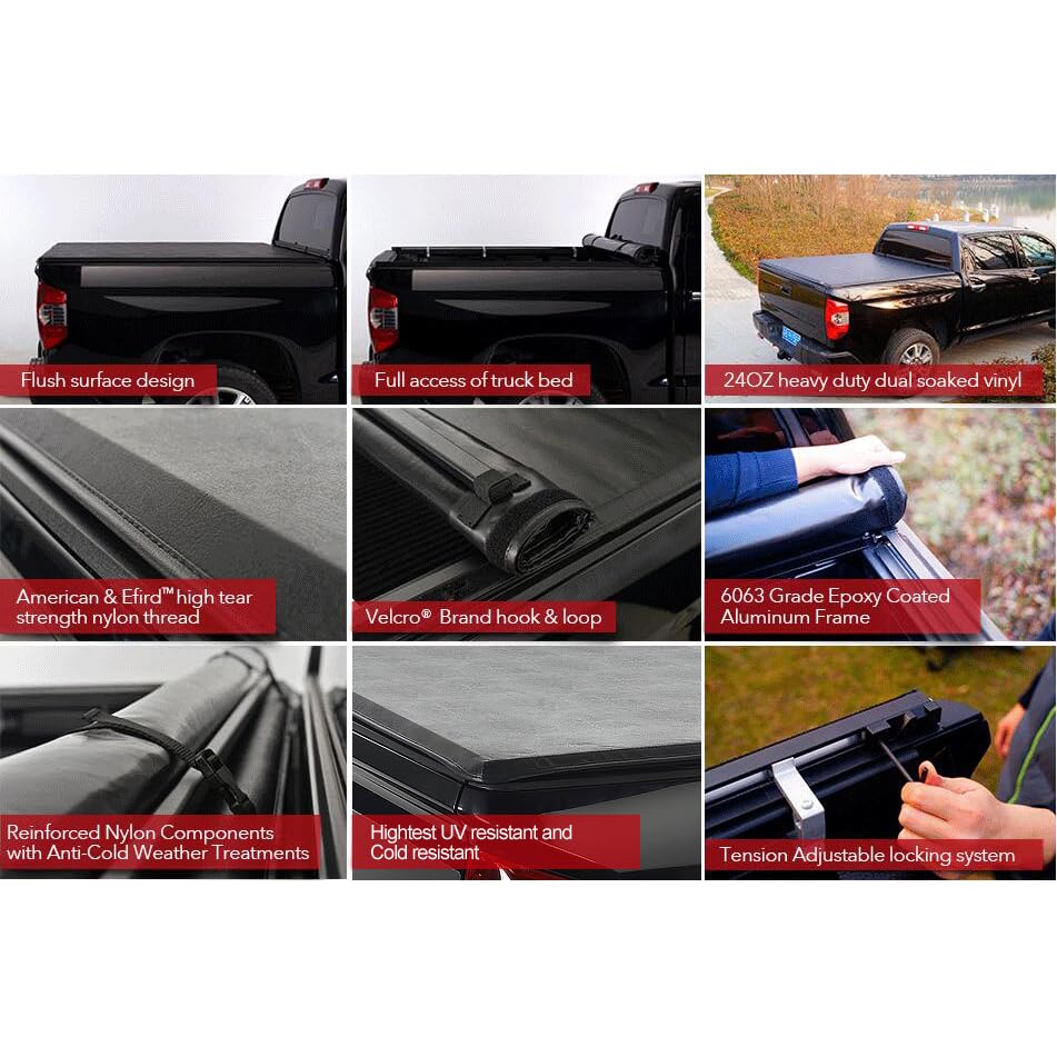 1PC 5.8ft/69.9IN Soft Roll-Up Vinyl Tonneau Cover for Truck Bed with Lock System 12103 - Durable Weatherproof Protection for Pickup Trucks (Fits Ford, Chevy, RAM) | Perfect for Camping, Hauling & Outdoor Adventures