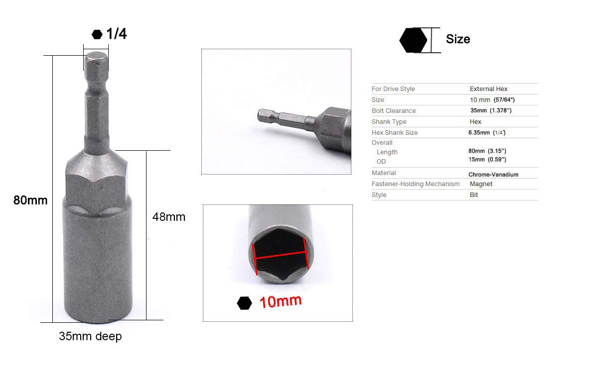 10mm Hex Magnetic Power Socket 80mm Length Adapter Drill Bit Nut Driver Set 1/4'' Hex for Power Tools (4Pcs) - Perfect for Drilling, Fastening, and DIY Projects with Cordless Drills and Impact Drivers