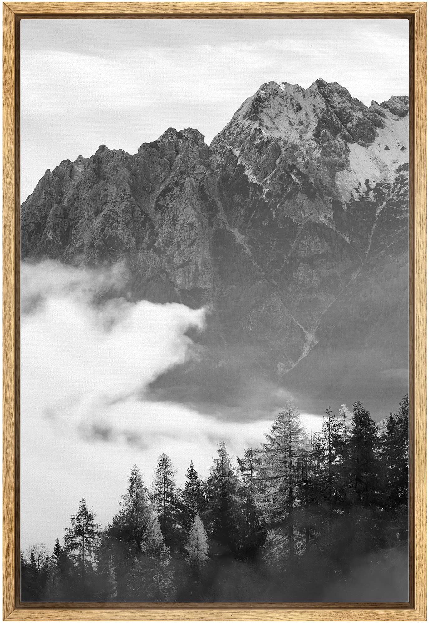 IDEA4WALL Framed Canvas Print - Black & White Mist Over Mountain Forest Valley Nature Art - Woodland Nursery Decor - Dramatic Cool Wilderness Wall Art for Living Room, Bedroom, Office - 24