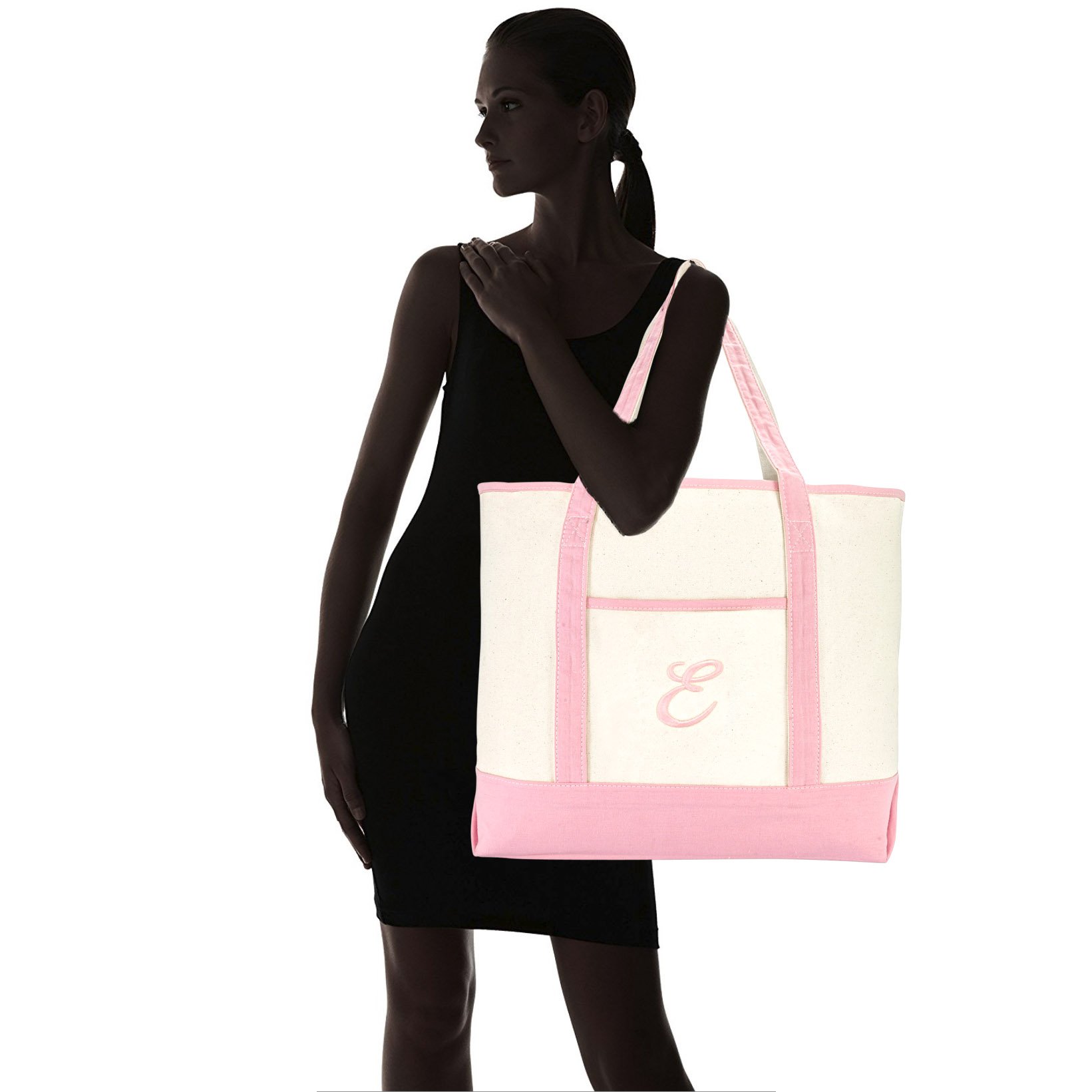 DALIX Women's Cotton Canvas Tote Bag - Large Pink Monogram Shoulder Bag with A-Z Letters (Perfect for Work, Travel, Shopping & Beach Day Essentials)