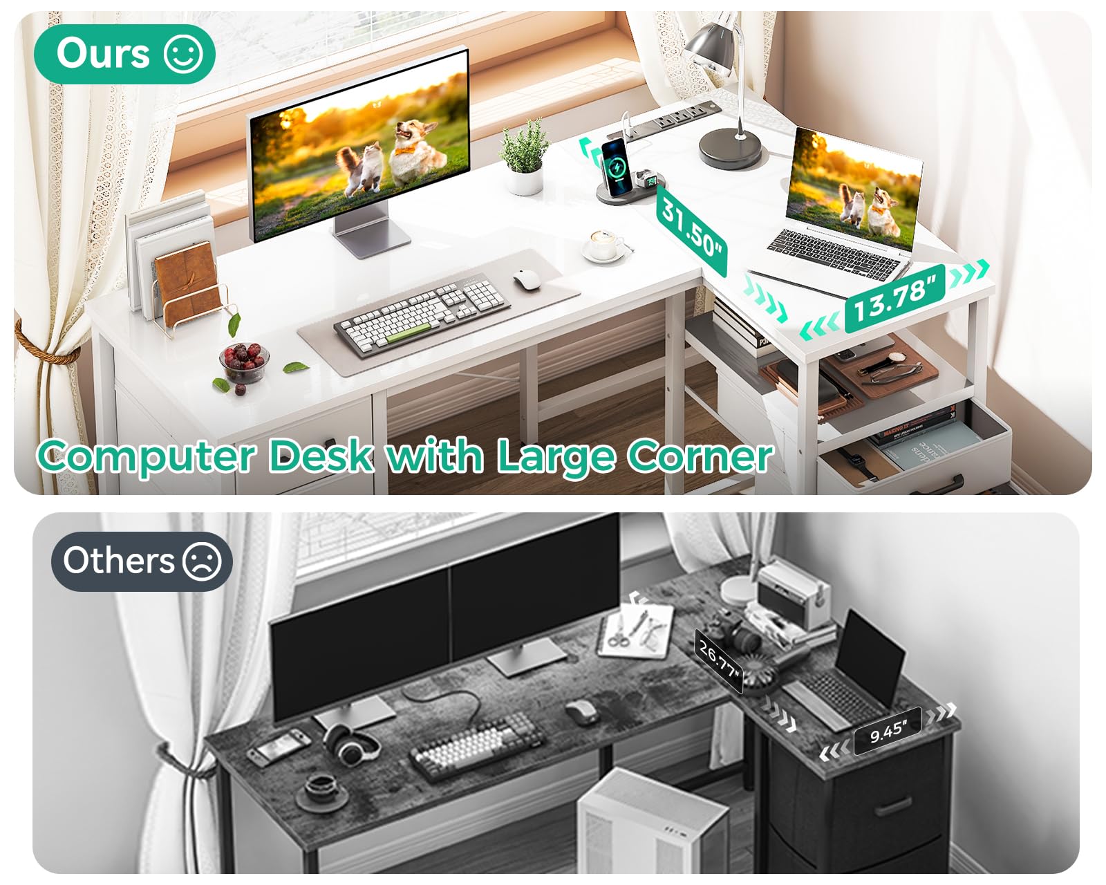 Coleshome 55 Inch L-Shaped Computer Desk with 6 Drawers, Power Outlet & Reversible Storage Shelf - Home Office Corner Desk with File Drawer in White | Perfect for Small Spaces, Gaming Setup & Remote Work