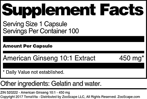 Premium American Ginseng Extract 10:1 - 450mg per Serving (100 Capsules) | Natural Energy Booster & Immune Support | ZIN: 520222 | Perfect for Daily Wellness & Stress Relief