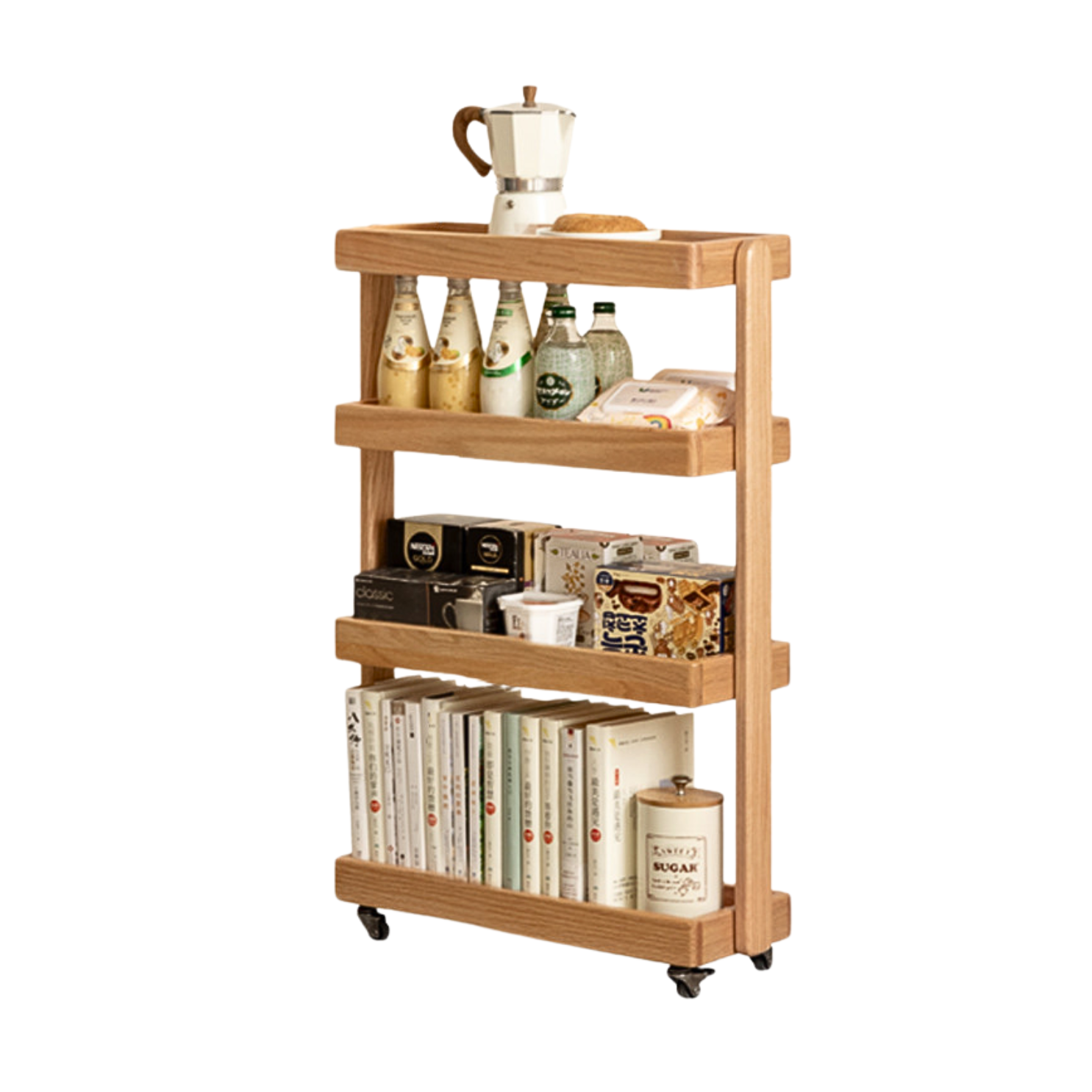 Oak Solid Wood Mobile Storage Rack Cart - Ultra Narrow Space-Saving Organizer for Kitchen, Bathroom, or Office Use