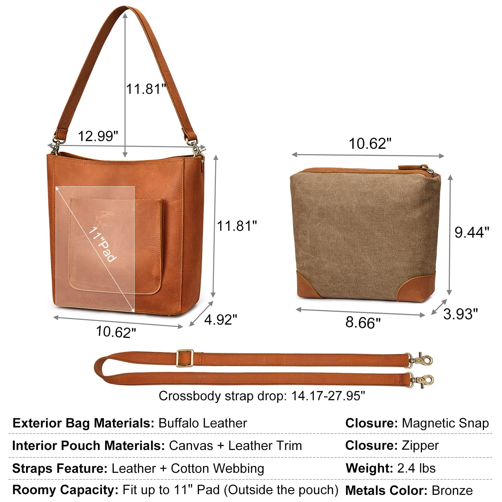 S-ZONE Genuine Leather Tote Bag for Women with Matching Distressed Shoulder Bucket Purse - Stylish Handbag Set for Work, Travel & Everyday Use