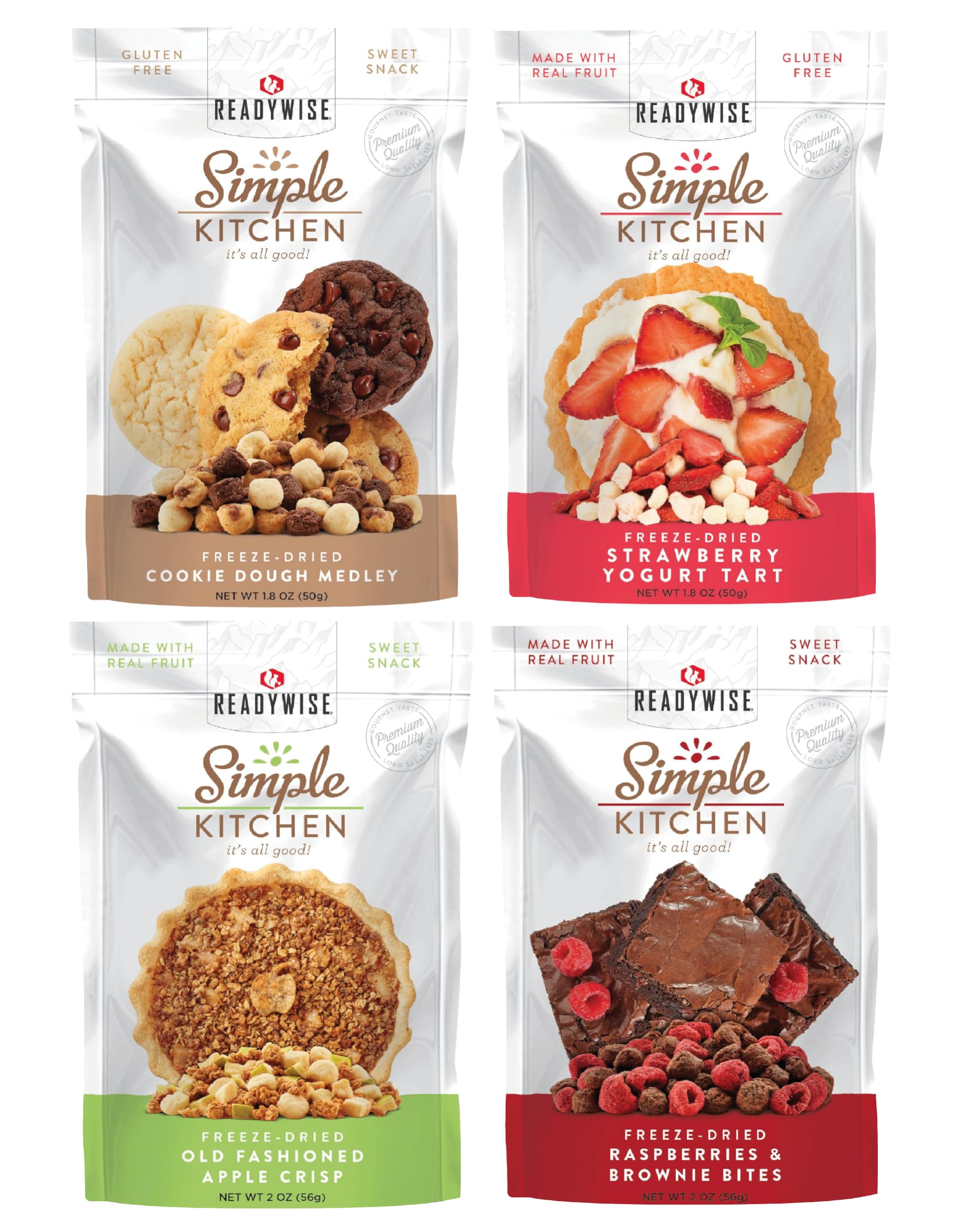 READYWISE Simple Kitchen Sweet Treats Variety Pack - 8 Servings, Pack of 4 | Organic Fruit Snacks, Healthy Chips & Gluten-Free Options | Perfect for Camping, Hiking, Backpacking & Emergency Food Storage | Resealable Pouch for Freshness