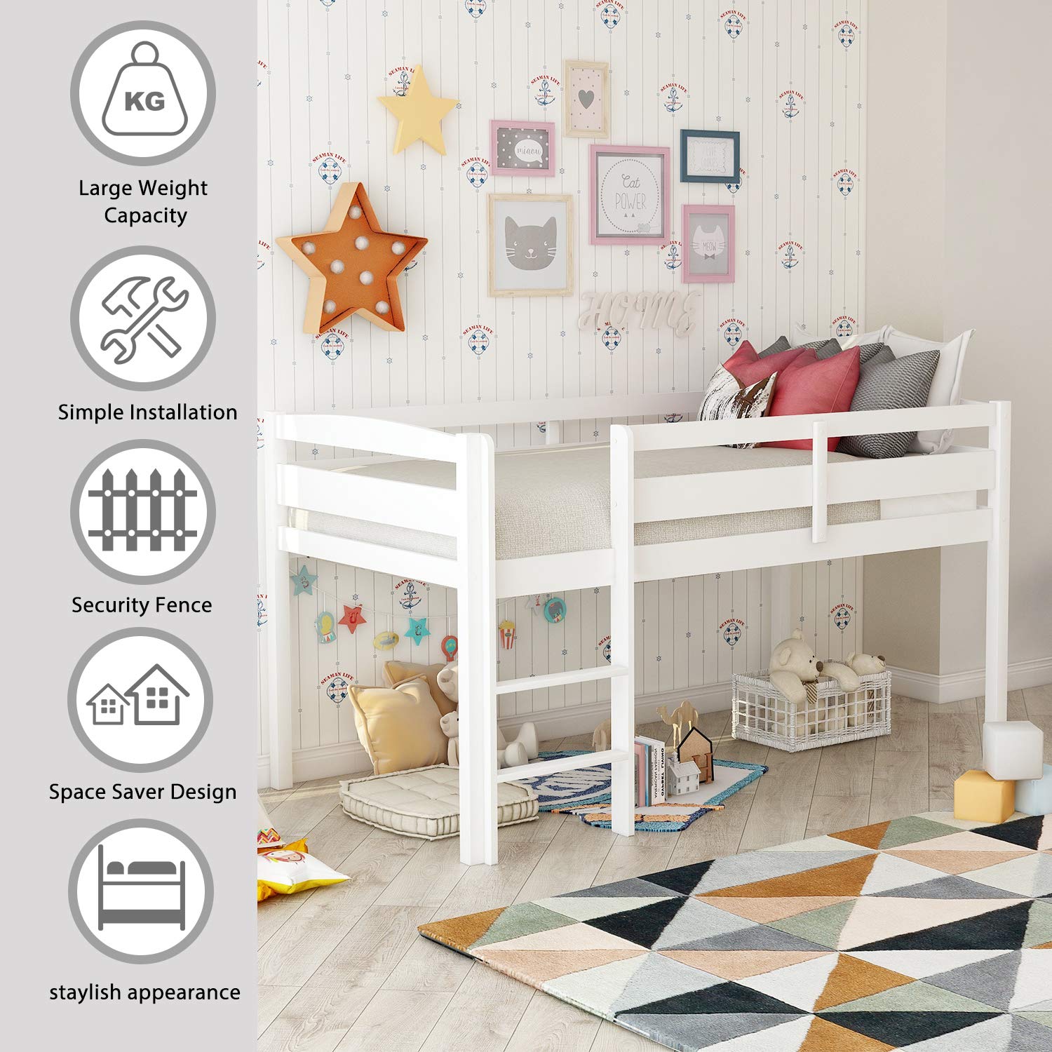 Harper & Bright Designs Low Loft Bed Twin Size - Sturdy Wooden Loft Bed Frame with Ladder & Safety Guardrails for Kids, Teens & Toddlers (White) - Perfect for Small Bedrooms, Dorms & Space-Saving Kids' Rooms