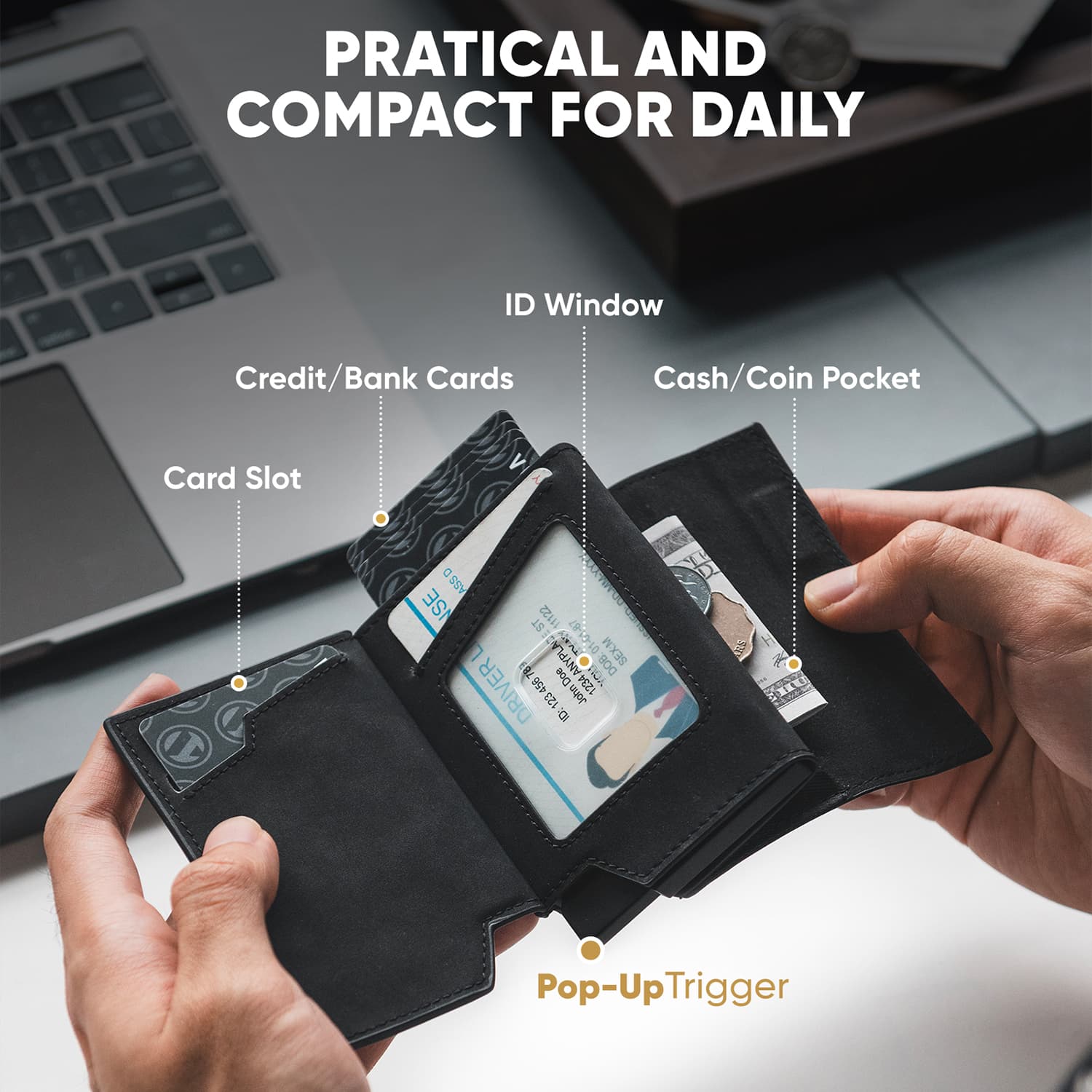 VC418 RFID Blocking Pop Up Card Holder with Airtag Cover - ID Window & Coin Pocket - Magnetic Closure Wallet for Credit Cards, Cash & Travel Essentials (Perfect for Everyday Use & Business Trips)
