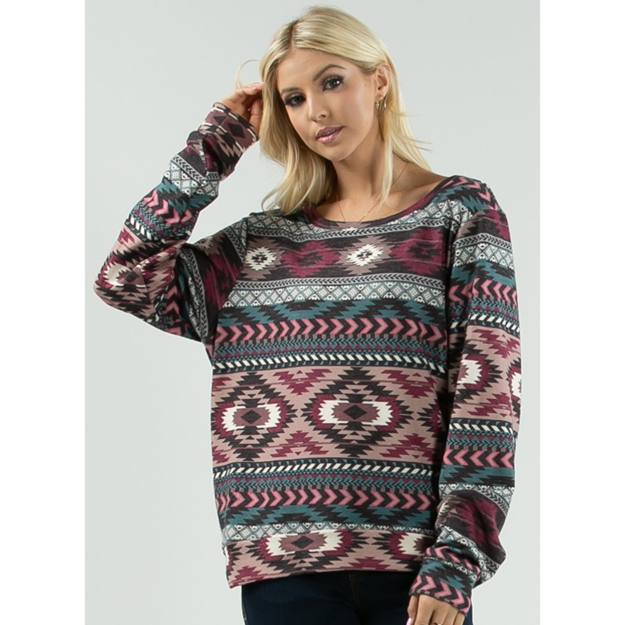 Avery Women's Tribal Print Long Sleeve T-Shirt - Stylish Boho Chic Top for Casual Wear, Layering & Everyday Outfits