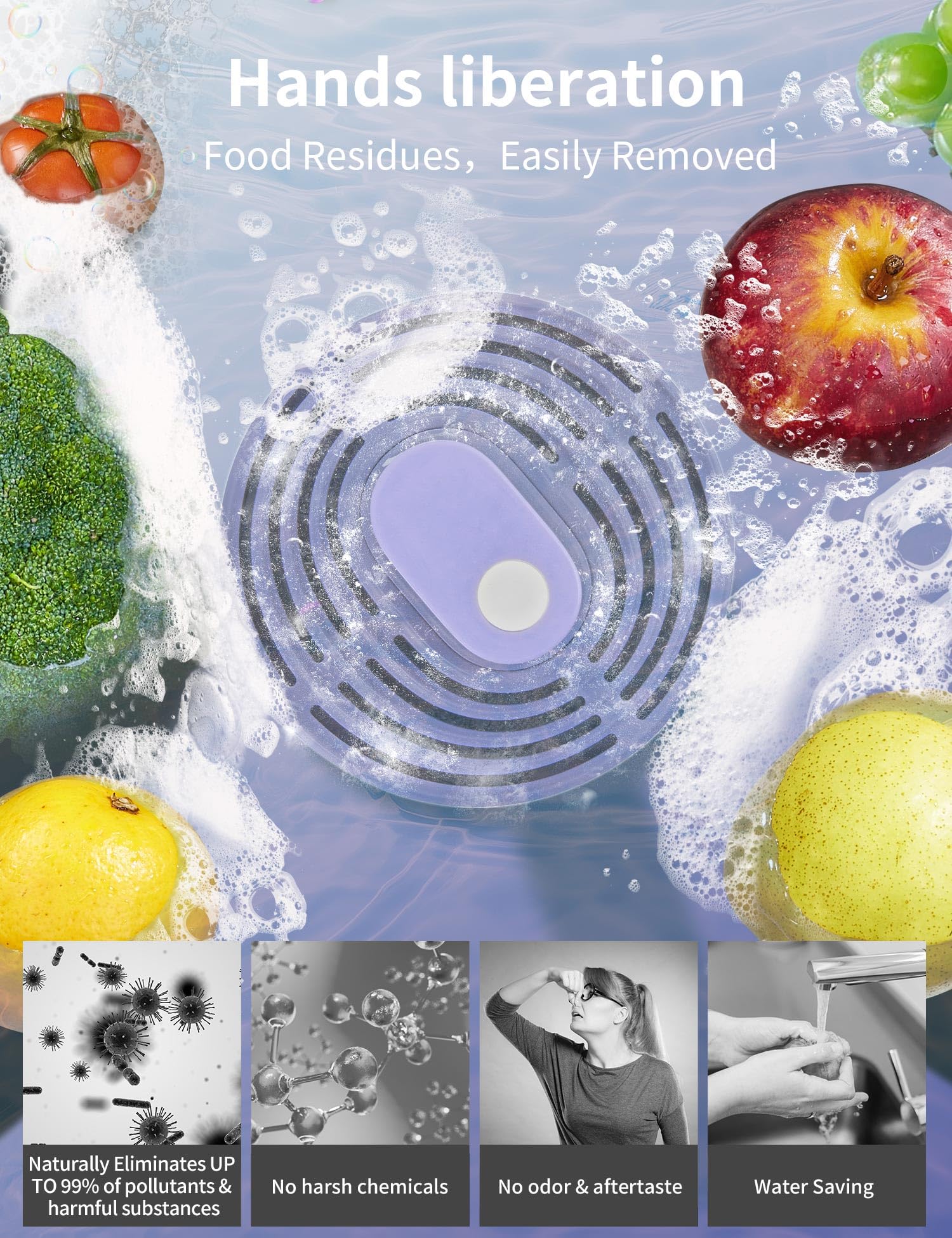 Electric Fruit and Vegetable Washing Machine - Portable Food Cleaner with Fast Electrolytic Water Technology, Large Reaction Area for Cleaning Fruits, Vegetables, Rice, Meat (Purple) | Perfect for Home Kitchen, Organic Food Prep, and Healthy Eating