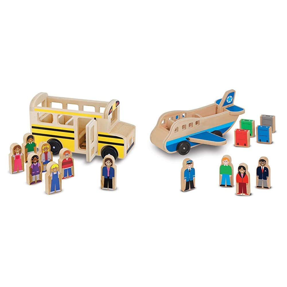 Melissa & Doug Wooden School Bus & Airplane Play Set with 4 Figures & 4 Suitcases - Classic Wooden Toy Vehicles for Kids Pretend Play, Travel Adventures & Imaginative Learning (9394)