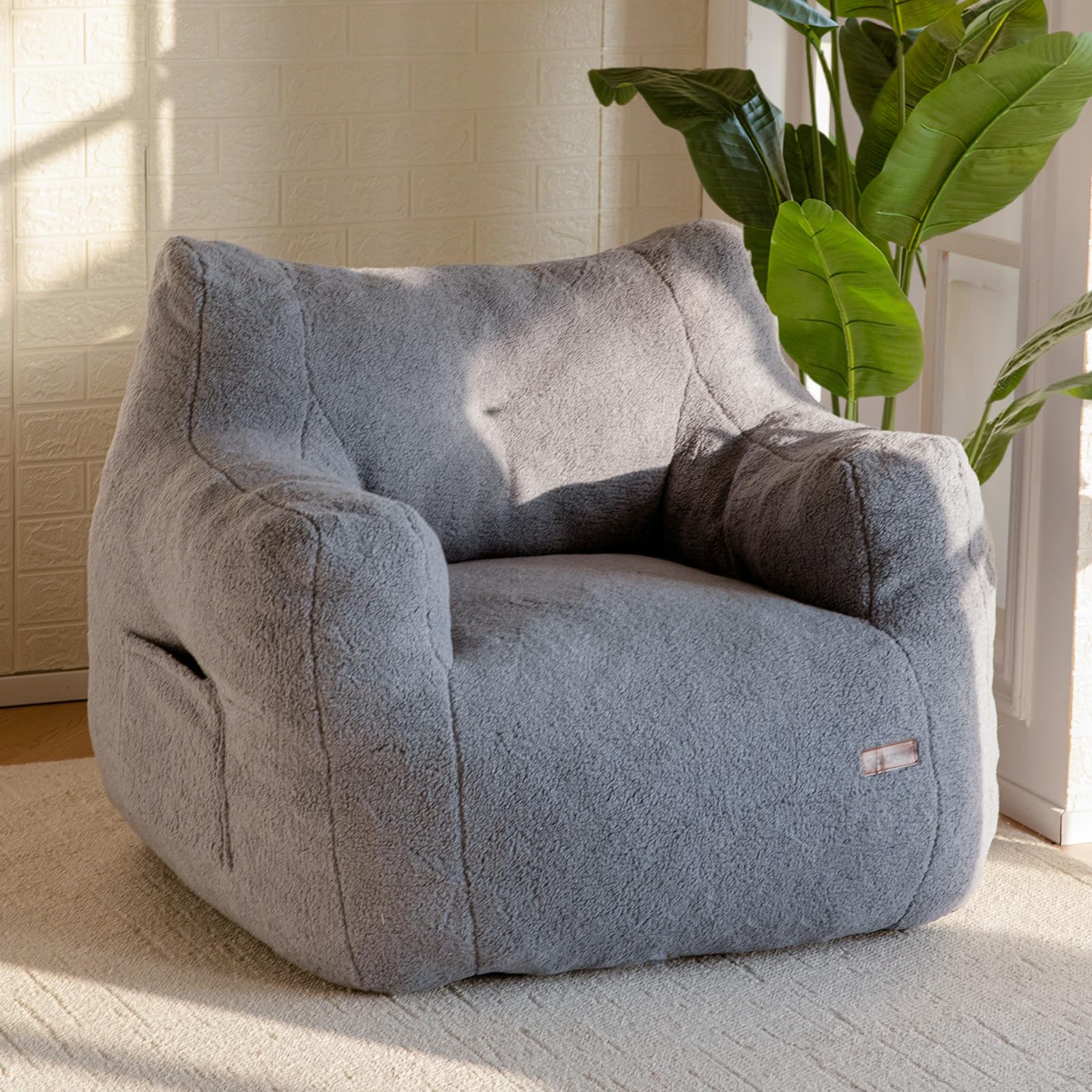 MAXYOYO Tufted Bean Bag Chair with Boucle Fabric - Ultra Soft Comfortable Lazy Sofa for Adults & Teens - Includes Filler - Perfect for Living Room, Bedroom, Game Room or Dorm - Grey