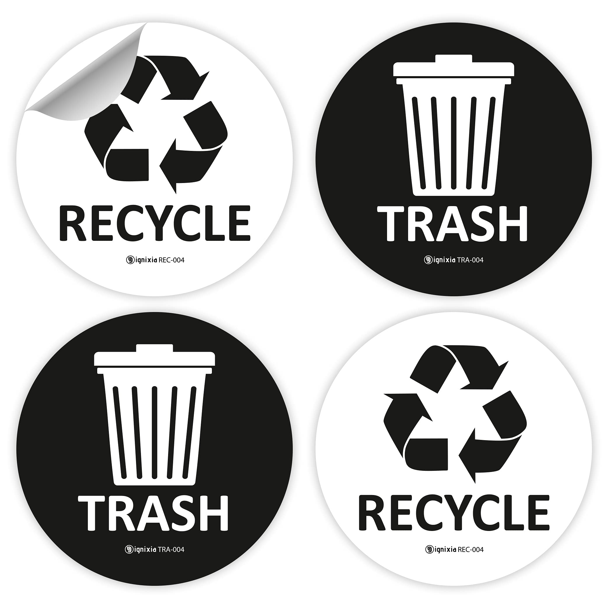 IGNIXIA 4-Pack Recycle and Trash Sign Decals - 4x4 Inch Self-Adhesive Recycling Stickers for Trash Cans - Round Black & White Recycle Labels - Perfect for Home, Office, School and Public Spaces Waste Sorting