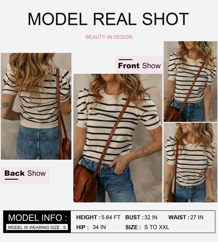 Dokotoo Women's Short Puff Sleeve Knit Top - 2025 Trendy Striped Crewneck T-Shirt | Casual Summer Blouse for Streetwear, Beach & Date Night Outfits