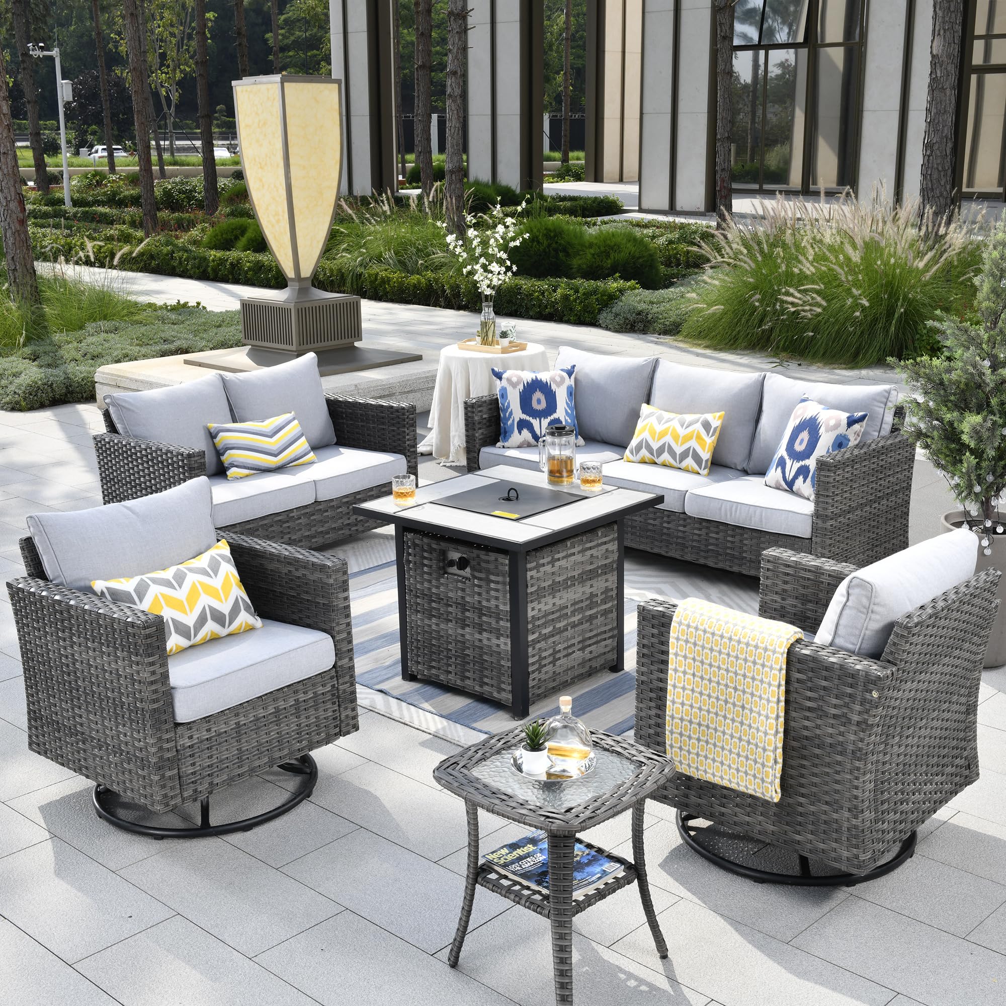 6-Piece Outdoor Patio Furniture Set with Square Fire Pit Table, Swivel Rocking Chairs & Loveseat - Grey Rattan Wicker Conversation Set for Deck, Porch, Backyard & Garden - Perfect for Entertaining, Relaxing & Outdoor Gatherings