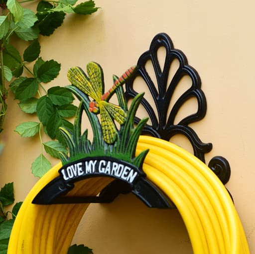 Heavy Duty Cast Iron Garden Hose Holder - Wall Mounted Hose Hanger for 50FT 75FT 100FT Water Pipe Storage | Decorative Dragonfly Design | Perfect for Yard, Lawn, and Outdoor Watering Organization