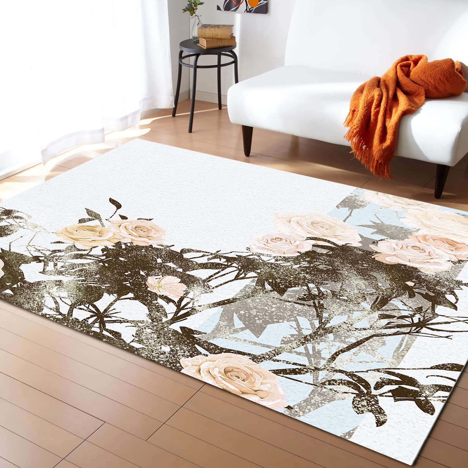 5'x8' Ethnic Floral Watercolor Area Rug - Washable Indoor Outdoor Carpet for Kitchen, Living Room, Bathroom, Bedroom & Classroom | Pink Brown Floral Welcome Mat for Home Decor & Entryway
