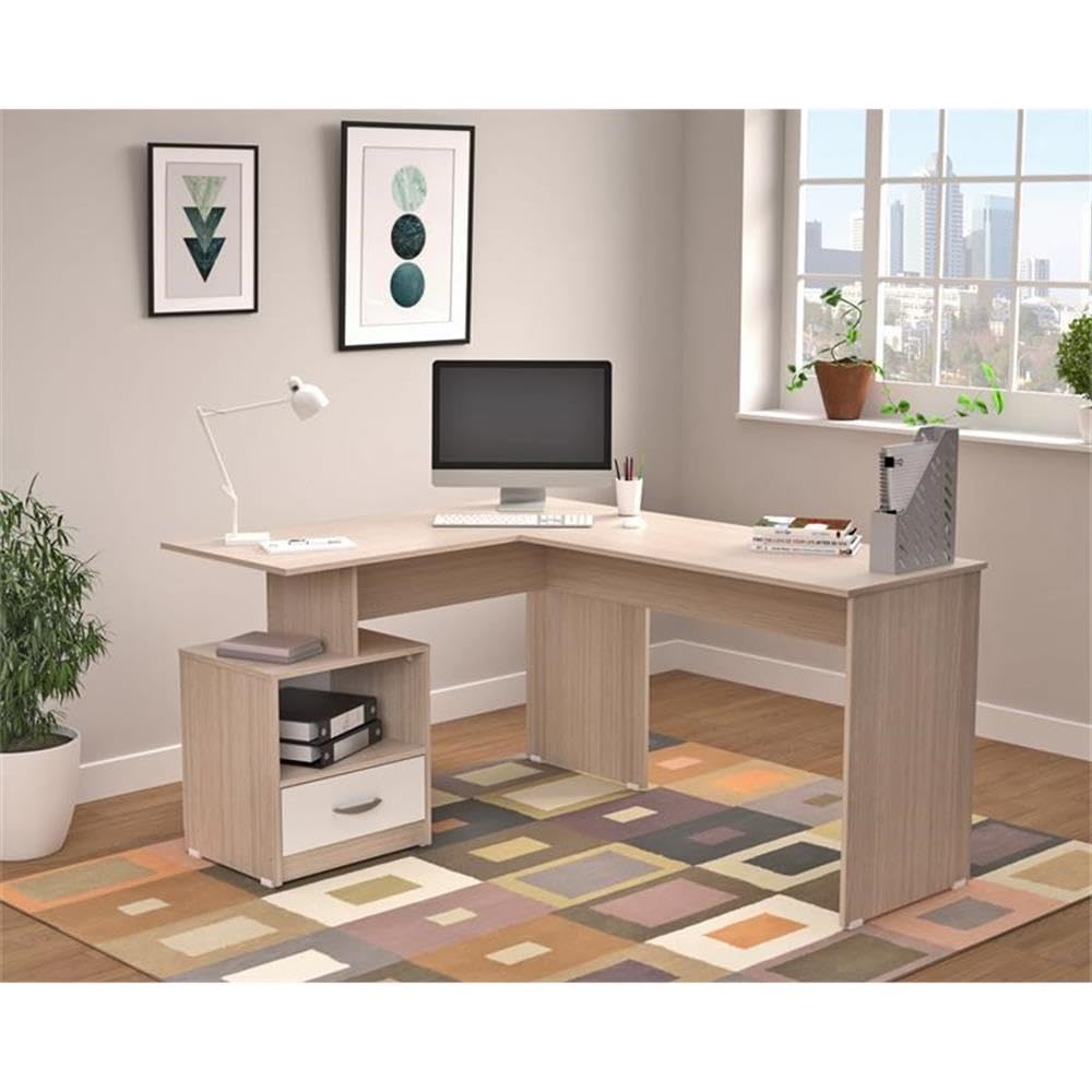 Inval Merlin L-Shaped 1-Drawer Computer Desk with Keyboard Tray - Maple & White Finish for Home Office, Gaming & Small Space Workstations